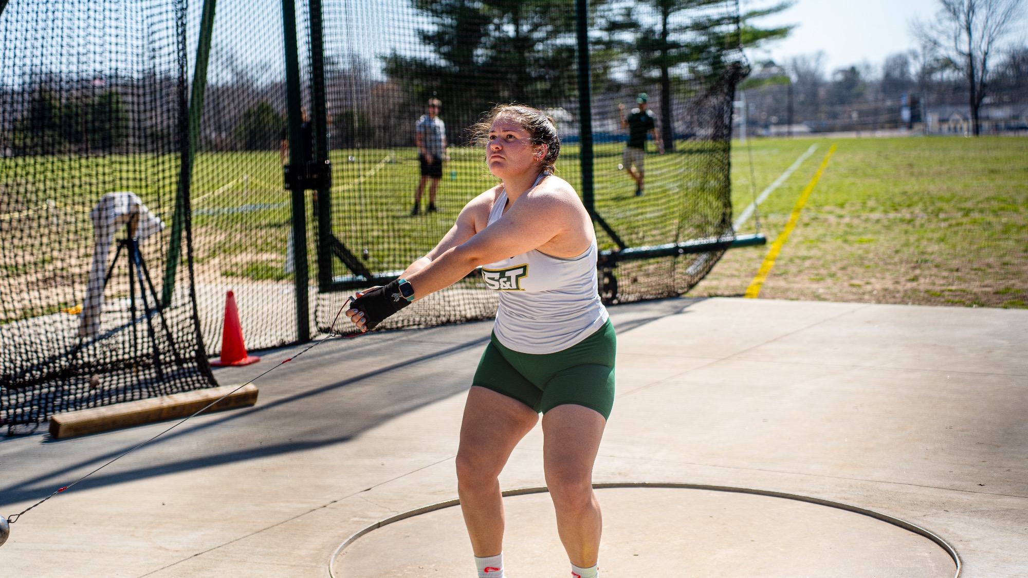 Missouri S&T women's thrower Madelaine Fischer getting ready to throw the hammer throw at the Miner Invitational at Missouri S&T.