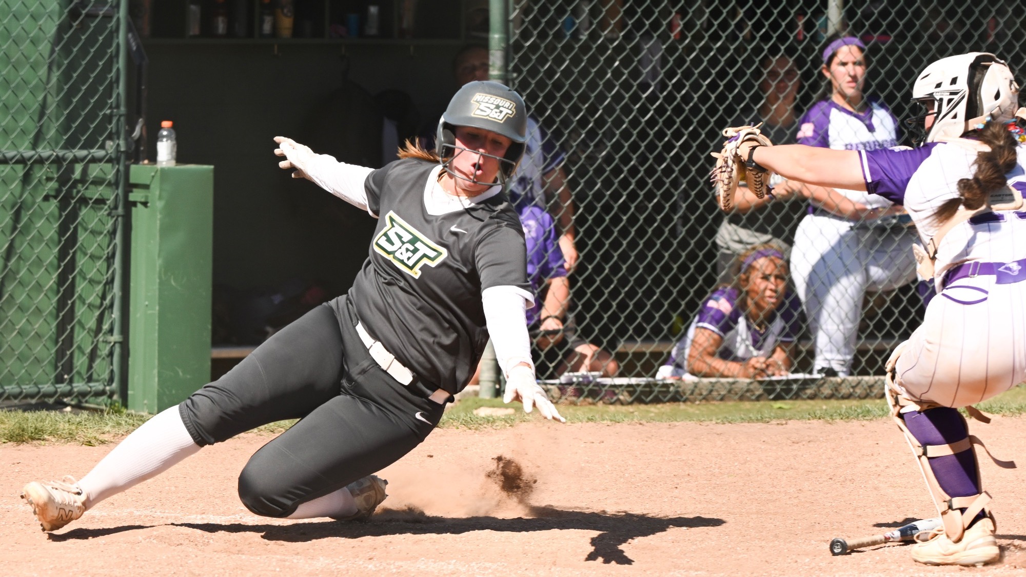 Molly Fitzgerald of Missouri S&T softball, wearing a grey jersey with white sleeves and a helmet, slides into home plate as the catcher reaches for the tag, with the opposing dugout and players visible behind the fence at the S&T softball field.