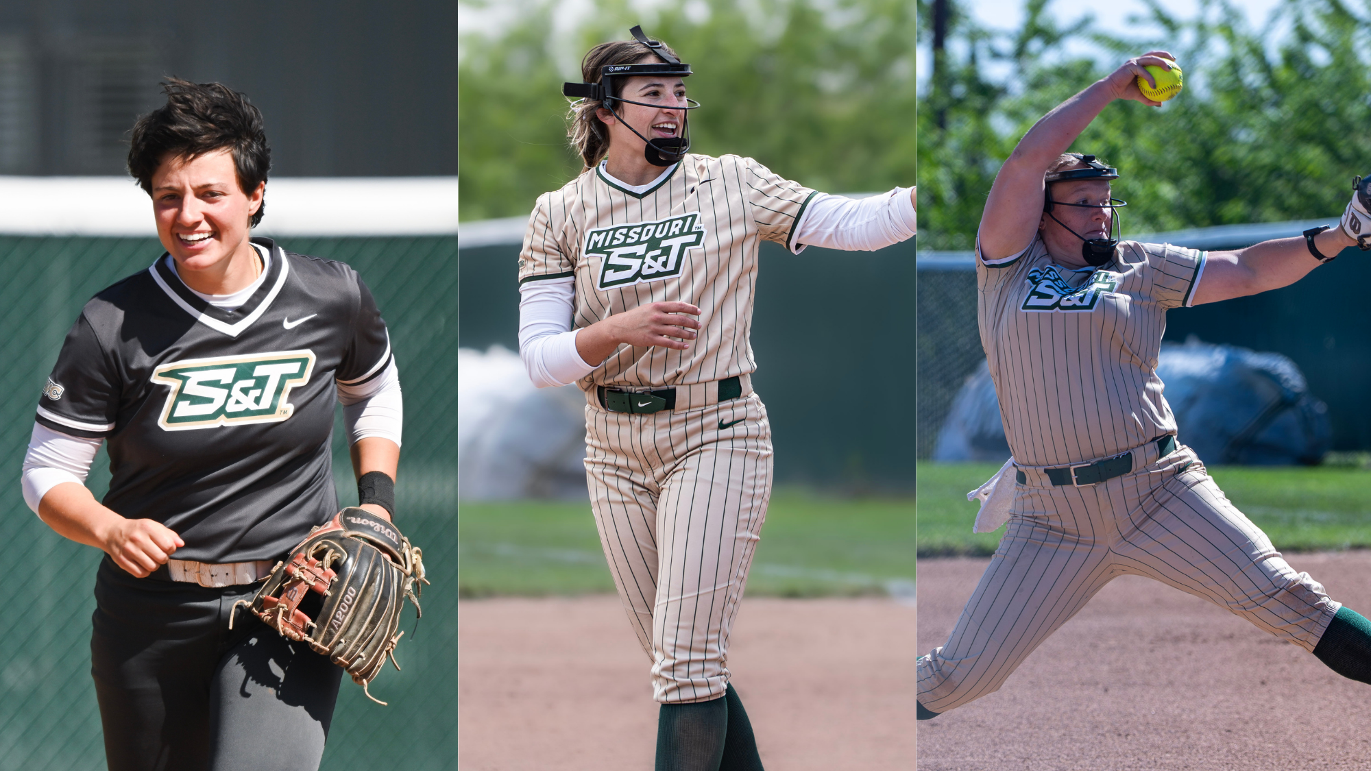 Left to right, Taylor Nelson, AJ Agers, and Mia Miller of Missouri S&T softball pose and compete at the S&T softball field. Nelson is shown in a black S&T jersey holding her glove, Agers wears the Miners’ tan pinstripe uniform while signaling to teammates, and Miller delivers a pitch in the tan pinstripe uniform with a yellow softball in hand.