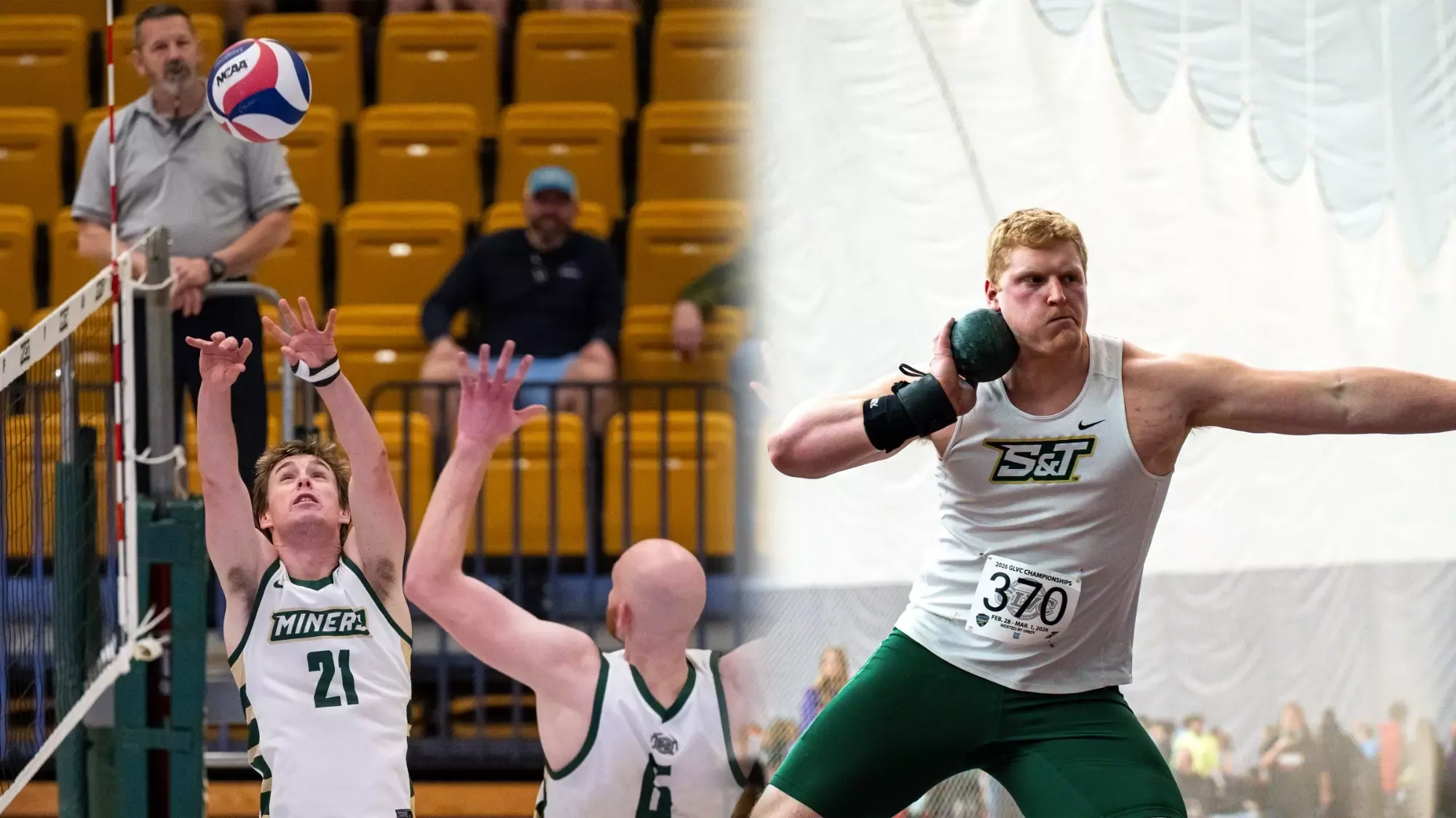 A split-image graphic features two Missouri S&T student-athletes recognized as GLVC Scholar-Athletes of the Year. On the left, men's volleyball setter Grant Edmonds, wearing a white Missouri S&T uniform, reaches above the net to set the ball during a match as an opposing blocker contests the play. On the right, track and field thrower Owen Fraser, wearing a white Missouri S&T uniform, prepares to throw the shot put during an indoor meet.