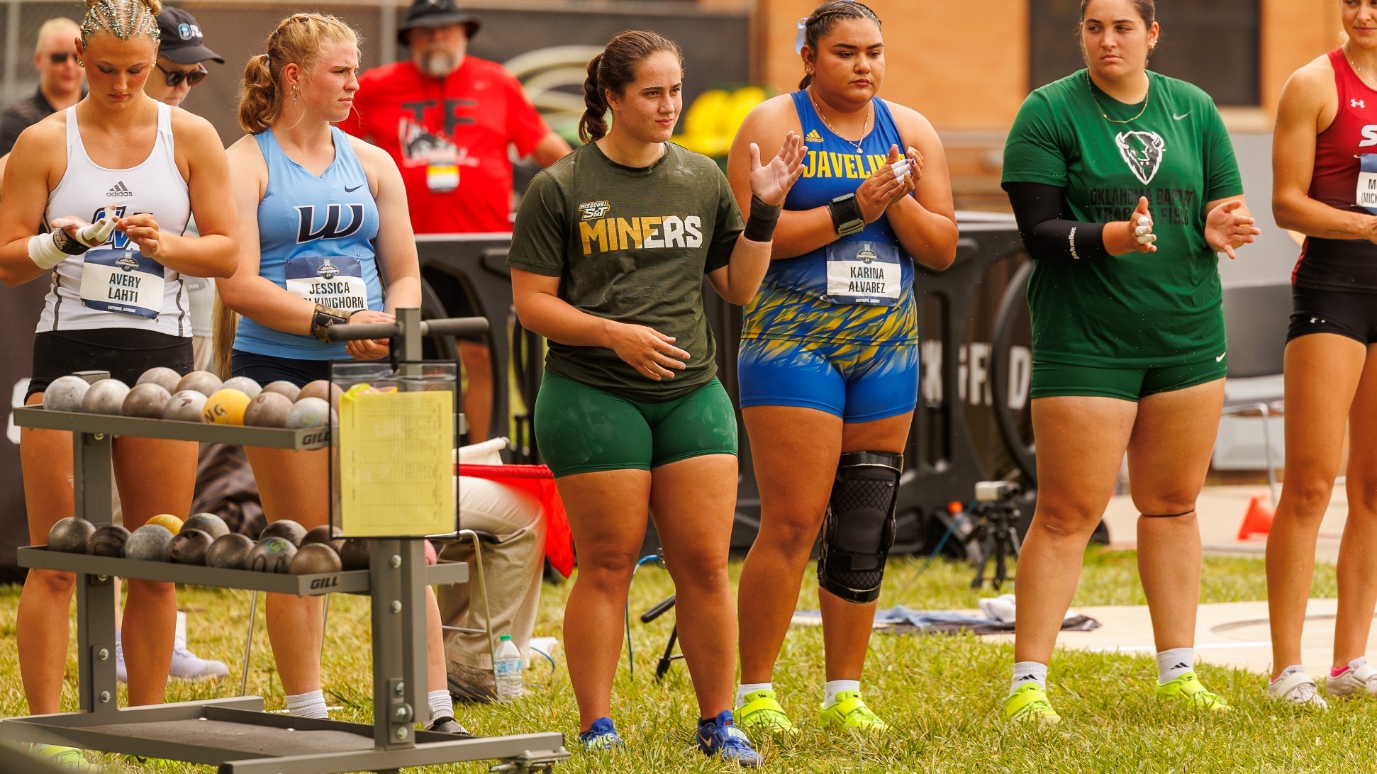 Sydney Morris of Missouri S&T Women's Track and Field Photographed smiling and waving while being introduced at NCAA Outdoor Track and Field Nationals
