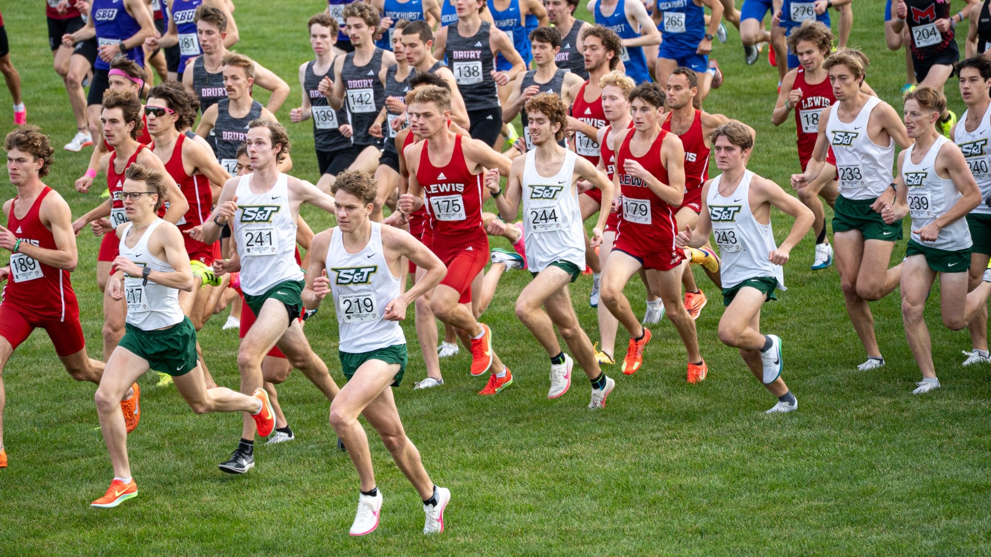 A large pack of collegiate men's cross country runners races across a grass course during the opening stages of a meet. Three Missouri S&T student-athletes in white uniforms with green shorts run together near the front of the pack, surrounded by competitors from Lewis, Drury, Rockhurst, Southwest Baptist, and other teams.
