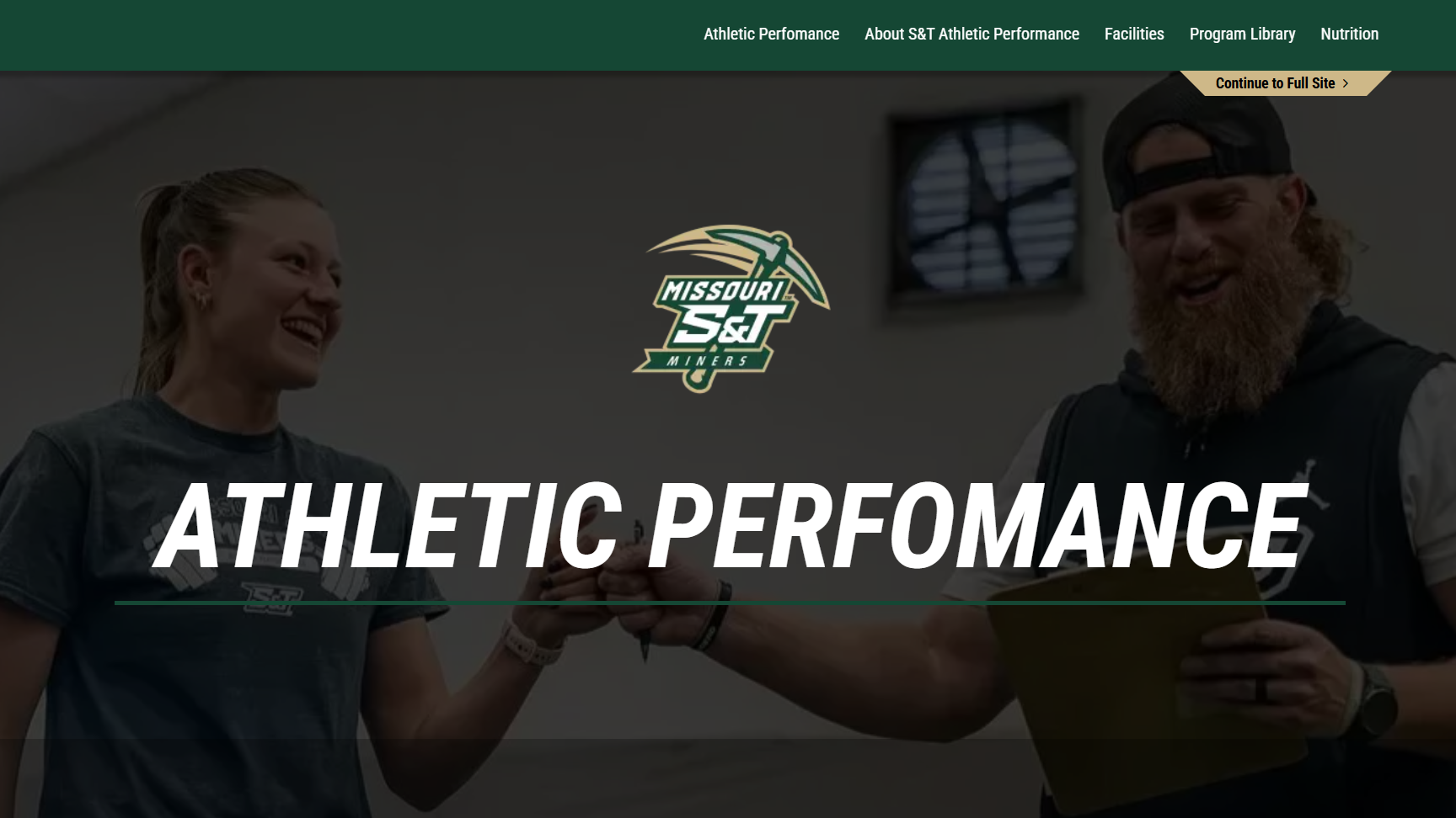Missouri S&T Athletic Performance staff member and female student-athlete smile and interact during a training session. The Missouri S&T Miners logo and “ATHLETIC PERFORMANCE” text are overlaid across the image.