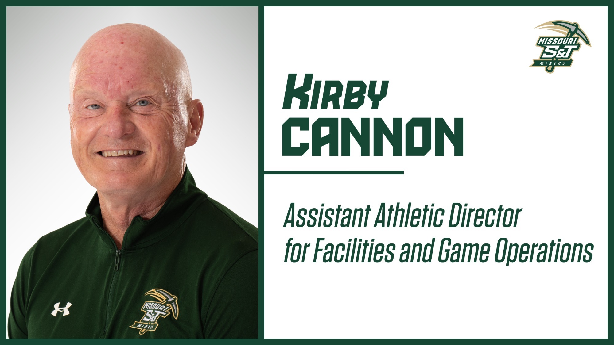  Assistant Athletic Director Kirby Cannon Headshot wearing a green quarter-zip in front of a white backdrop in a Graphic that says, 