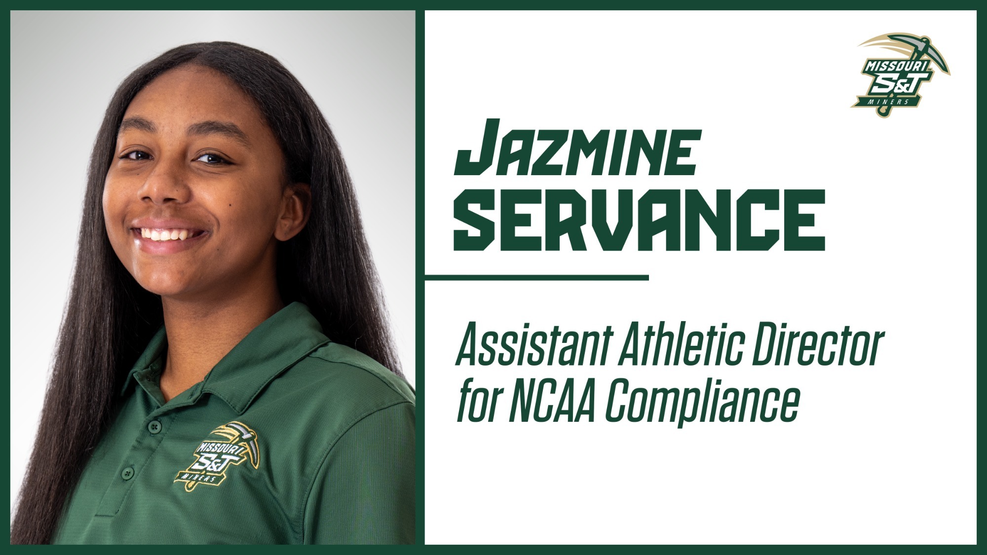 Assistant Athletic Director Jazmine Servance Headshot wearing a green polo in front of a white backdrop in a Graphic that says, 