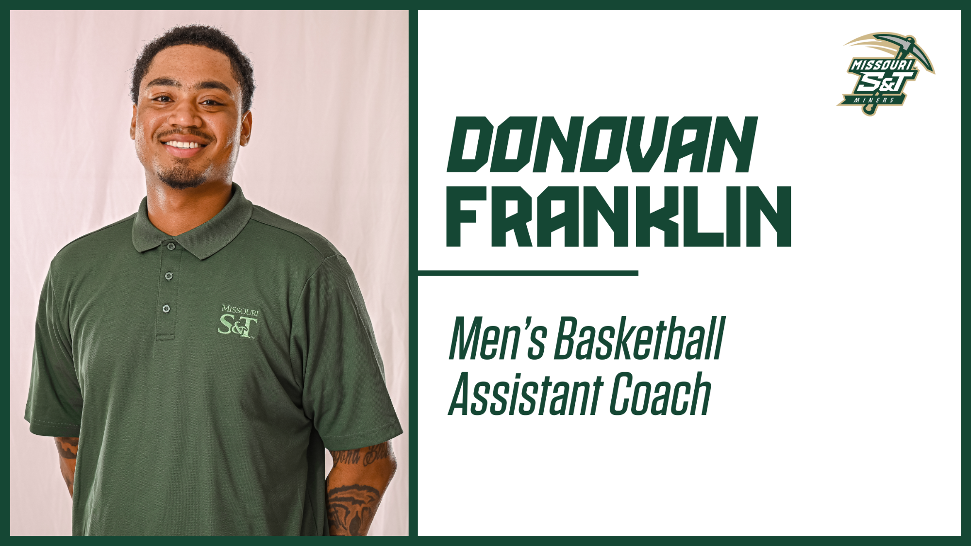 Assistant Coach Donovan Franklin Headshot wearing a green polo in front of a white backdrop in a Graphic that says, 