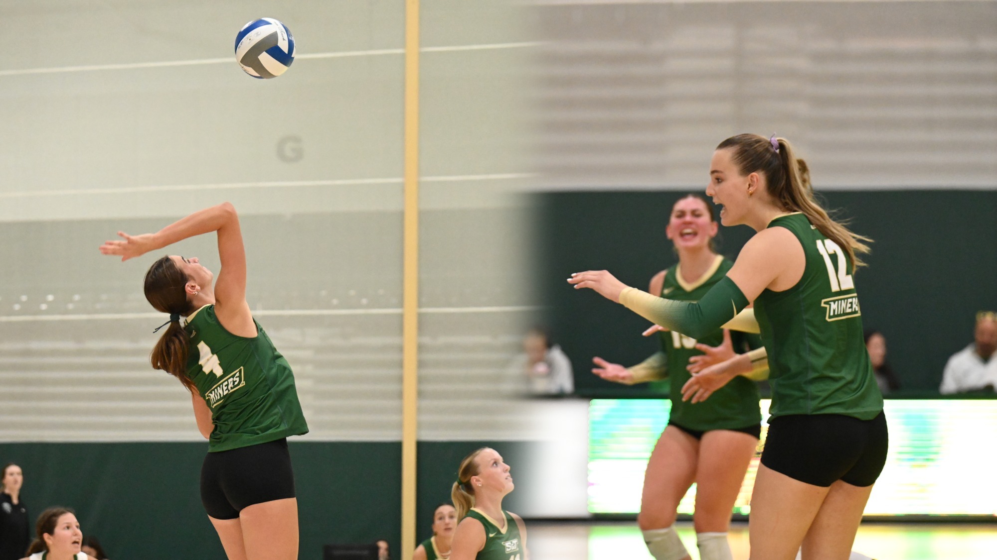Dani Wilke and Addie Schoenberger of missouri S&T women's volleyball in a split photo showing Schoenberger on the left jumping and attacking a volleyball and Wilke on the right speaking to and high-fiving a teammate. Both athletes wear green uniforms.
