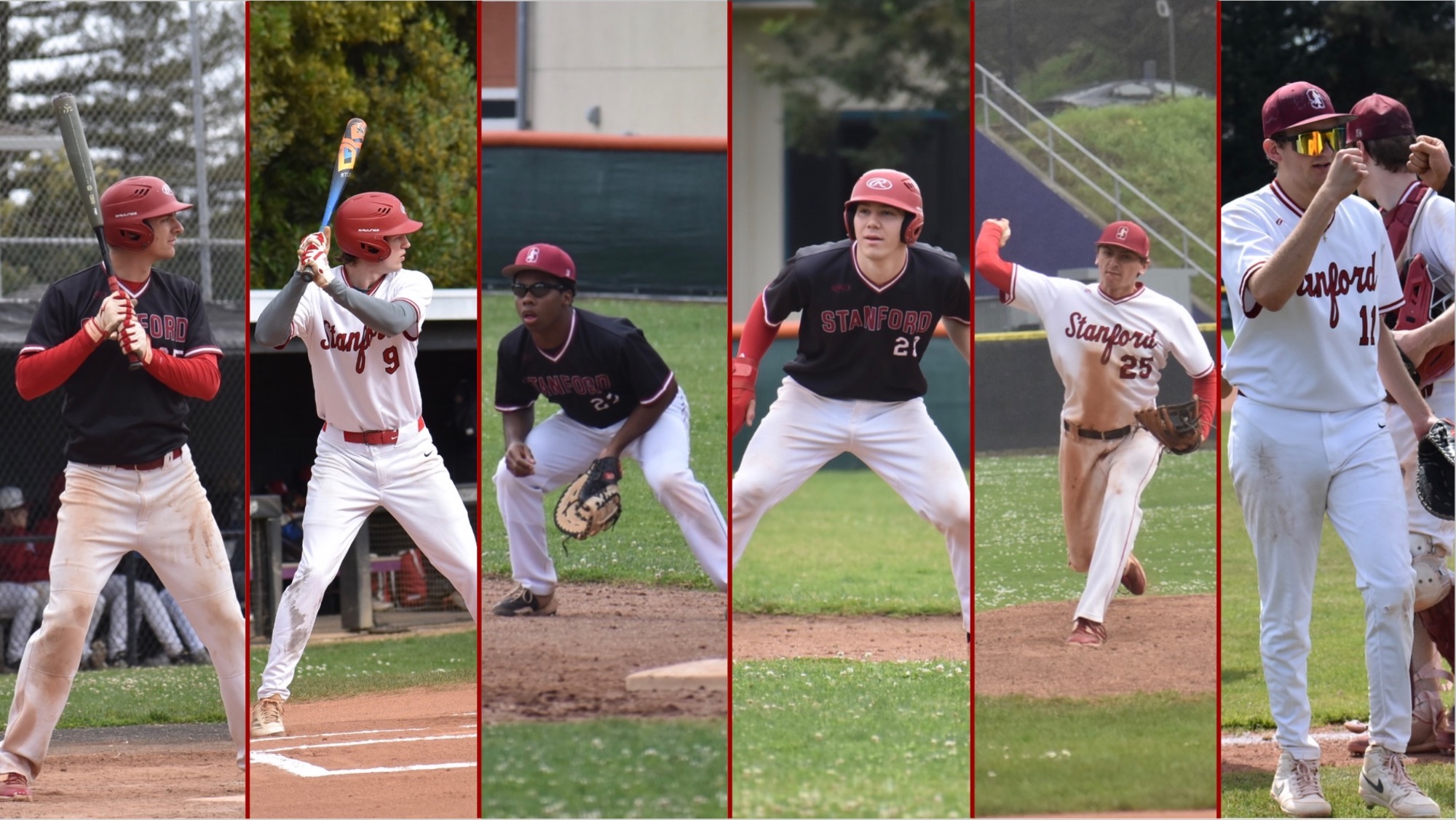 Edited image featuring all six Stanford Club Baseball award winners: Donnie Raymond (hitter), Danny Gass, Miles Gumbs, Caden Denning, Donnie Raymond (pitcher), Joseph Seddon