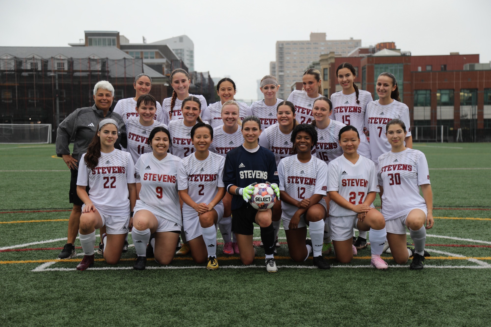 Stevens Women’s Club Soccer poses for a team photo before its 1–1 draw against Seton Hall