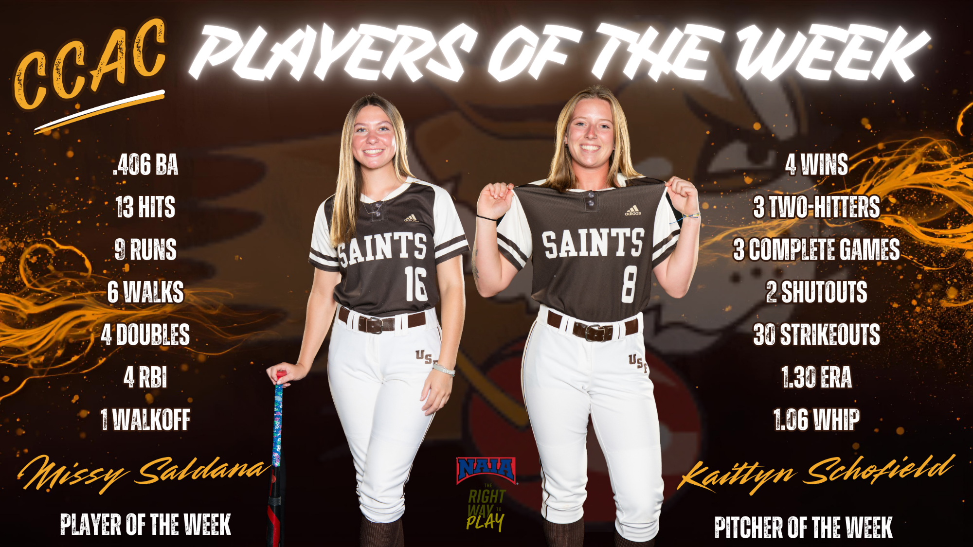 Missy Saldana, Kaitlyn Schofield SB CCAC Players of the Week (3-17-26)
