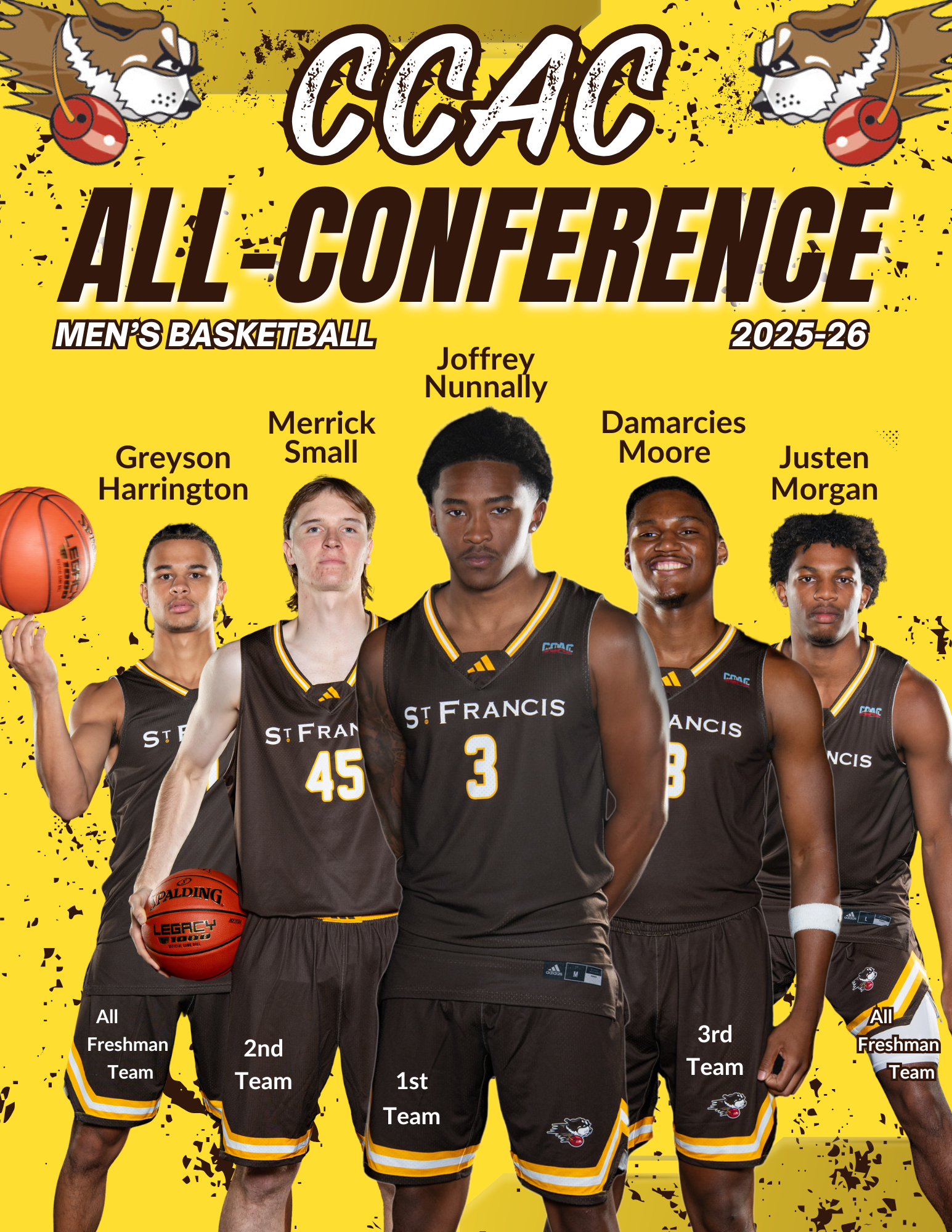 Joffrey Nunnally, Merrick Small, Damarcies Moore, Greyson Harrington, Justen Morgan MBKB 2025-26 CCAC All-Conference (3-3-26)