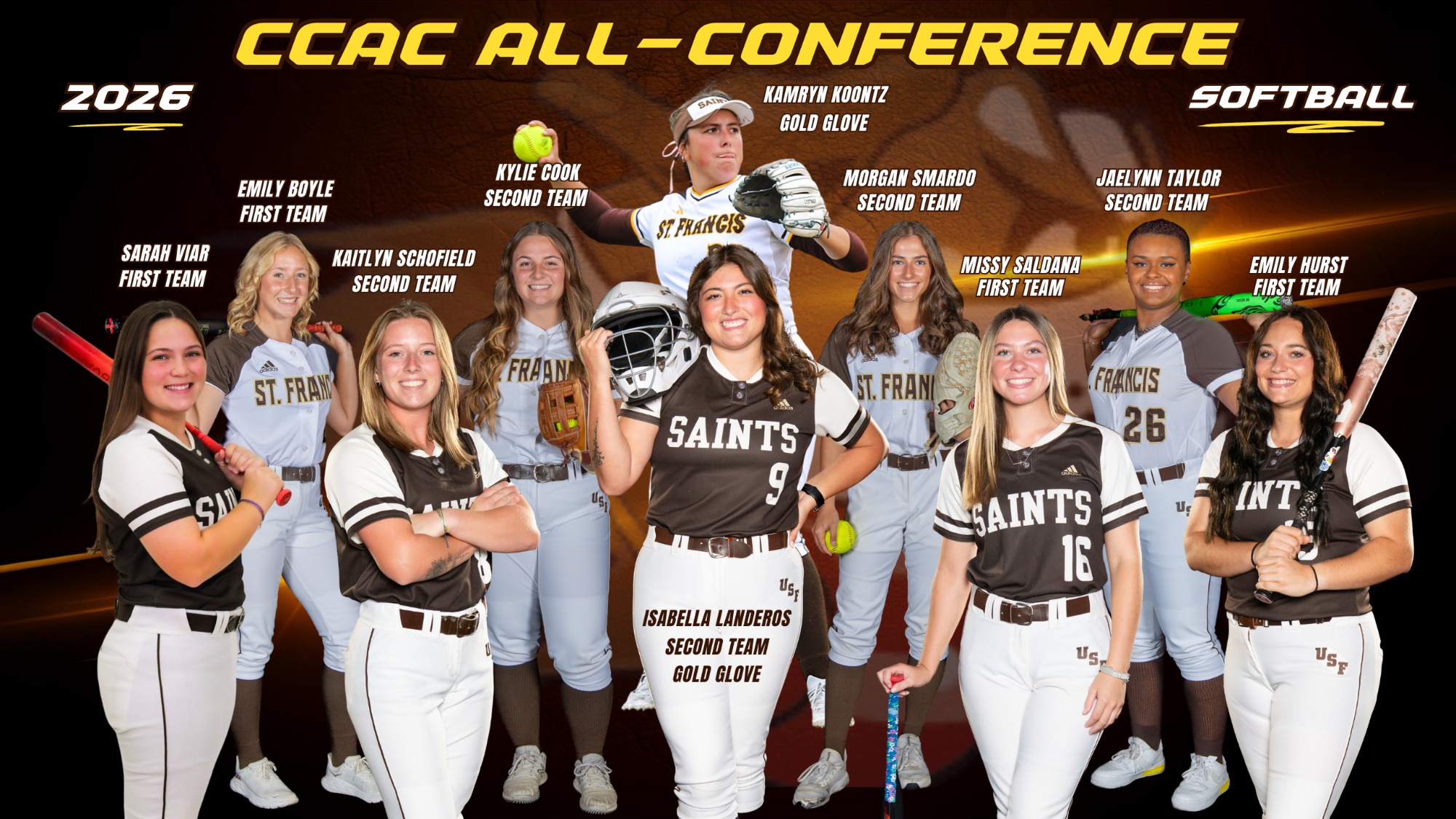 Sarah Viar, Missy Saldana, Emily Hurst, Emily Boyle, Isabella Landeros, Jaelynn Taylor, Kaitlyn Schofield, Kylie Cook, Morgan Smardo, Kamryn Koontz SB 2026 CCAC All-Conference (5-6-26)