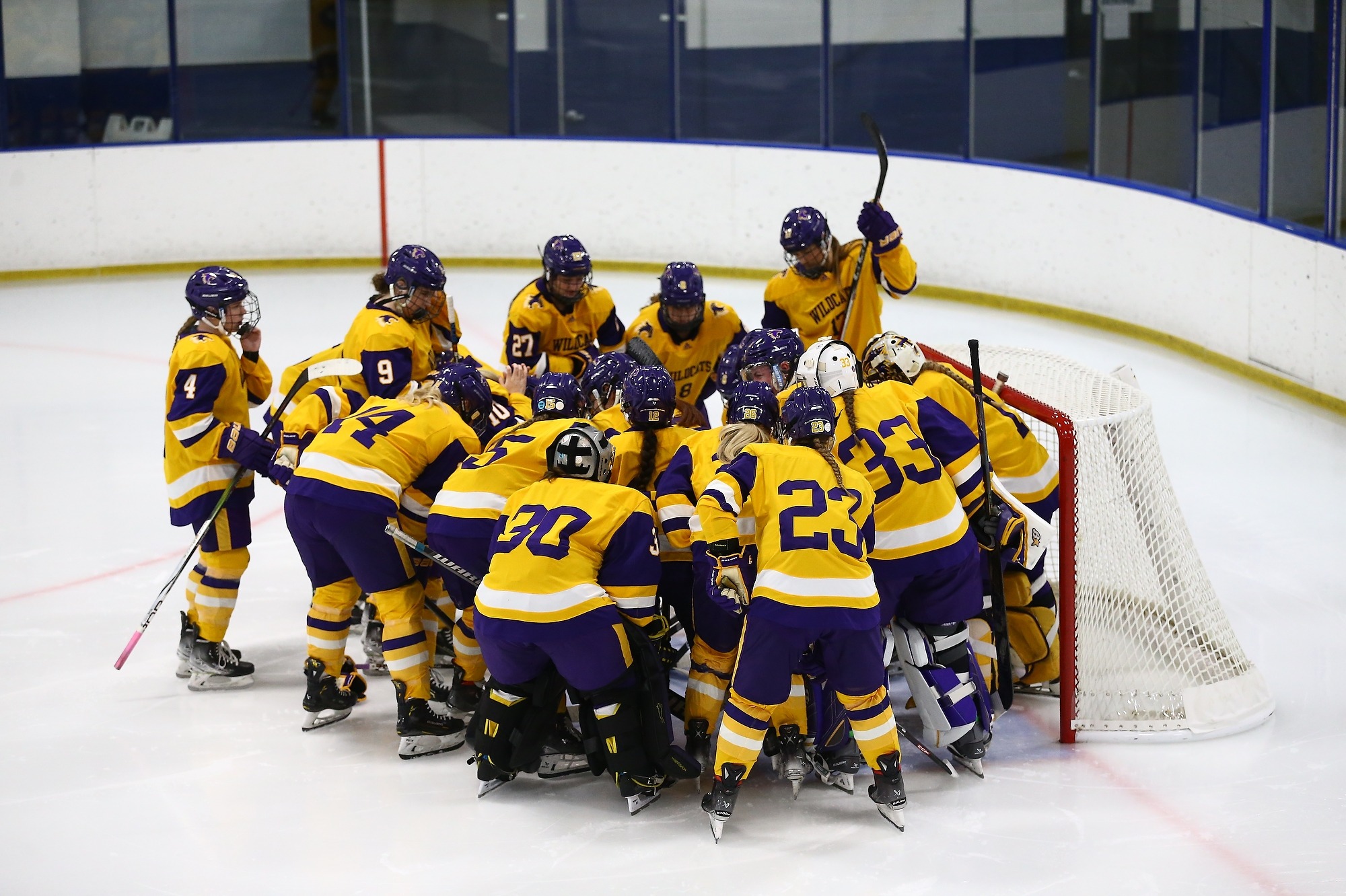 St. Kate's hockey team huddled around the net 