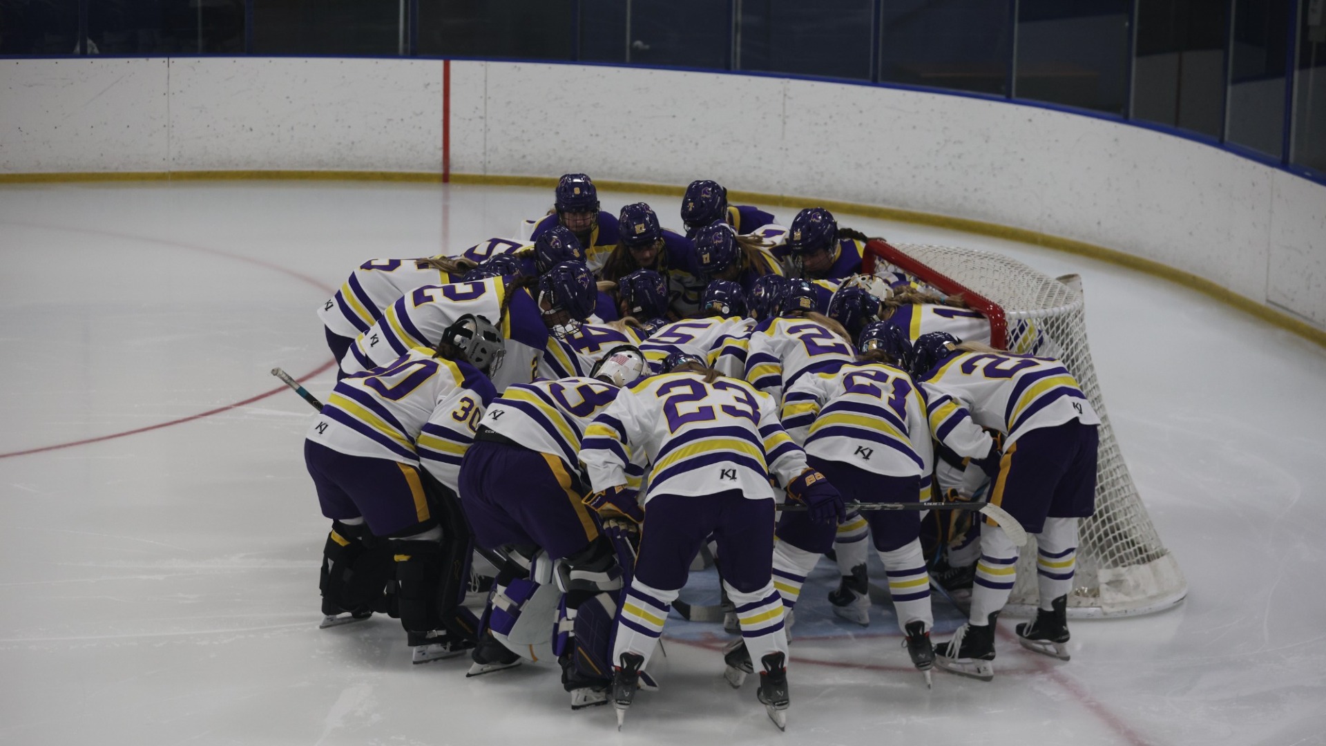 St Kate's hockey team around net