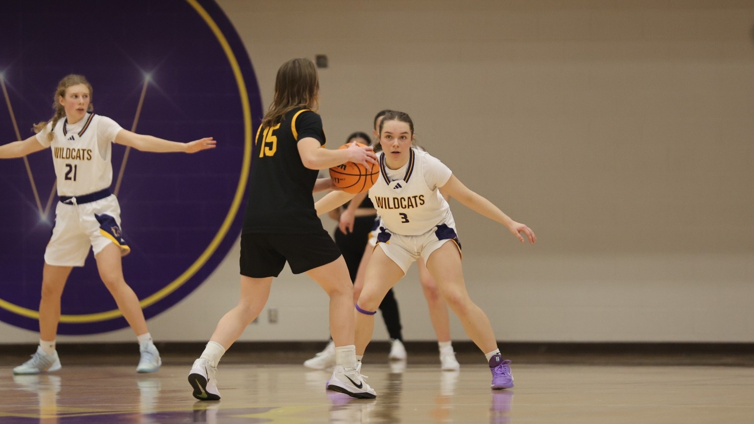 Raya Cassidy guarding Gustavus basketball player
