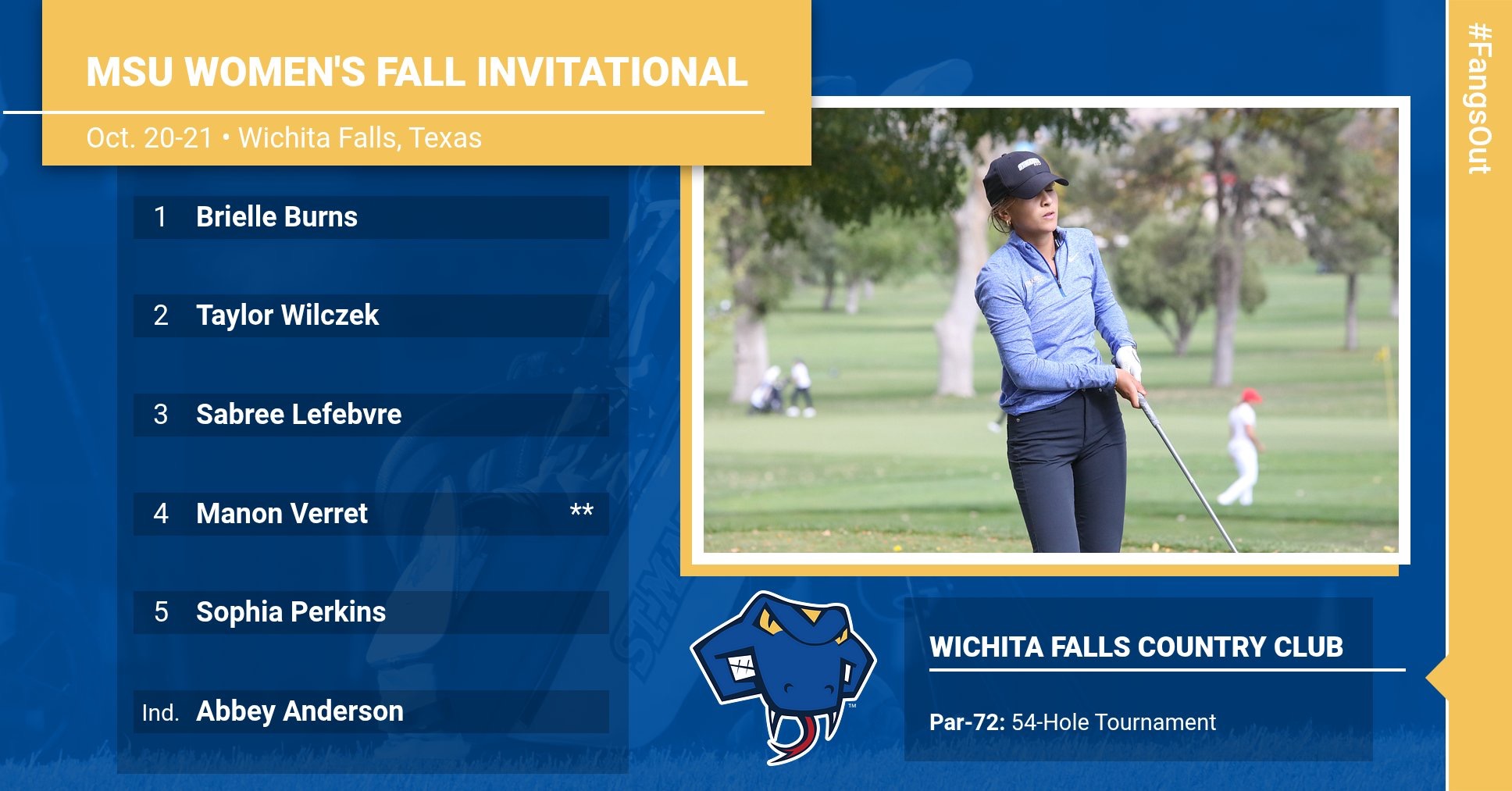 Graphic with the lineup for the MSU Fall Invitational on the left. On the right is a picture of Manon Verret taking a deep breath before approaching her tee shot.