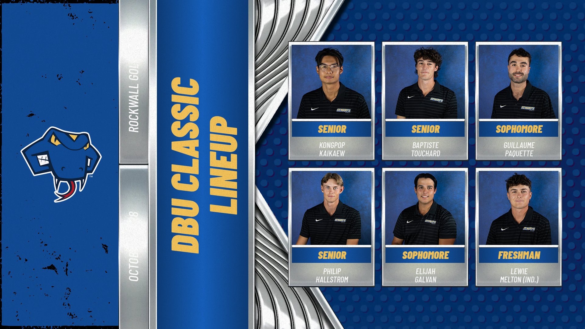 Graphic with DBU Classic Lineup on the left. On the right are headshots of the six golfers competing.