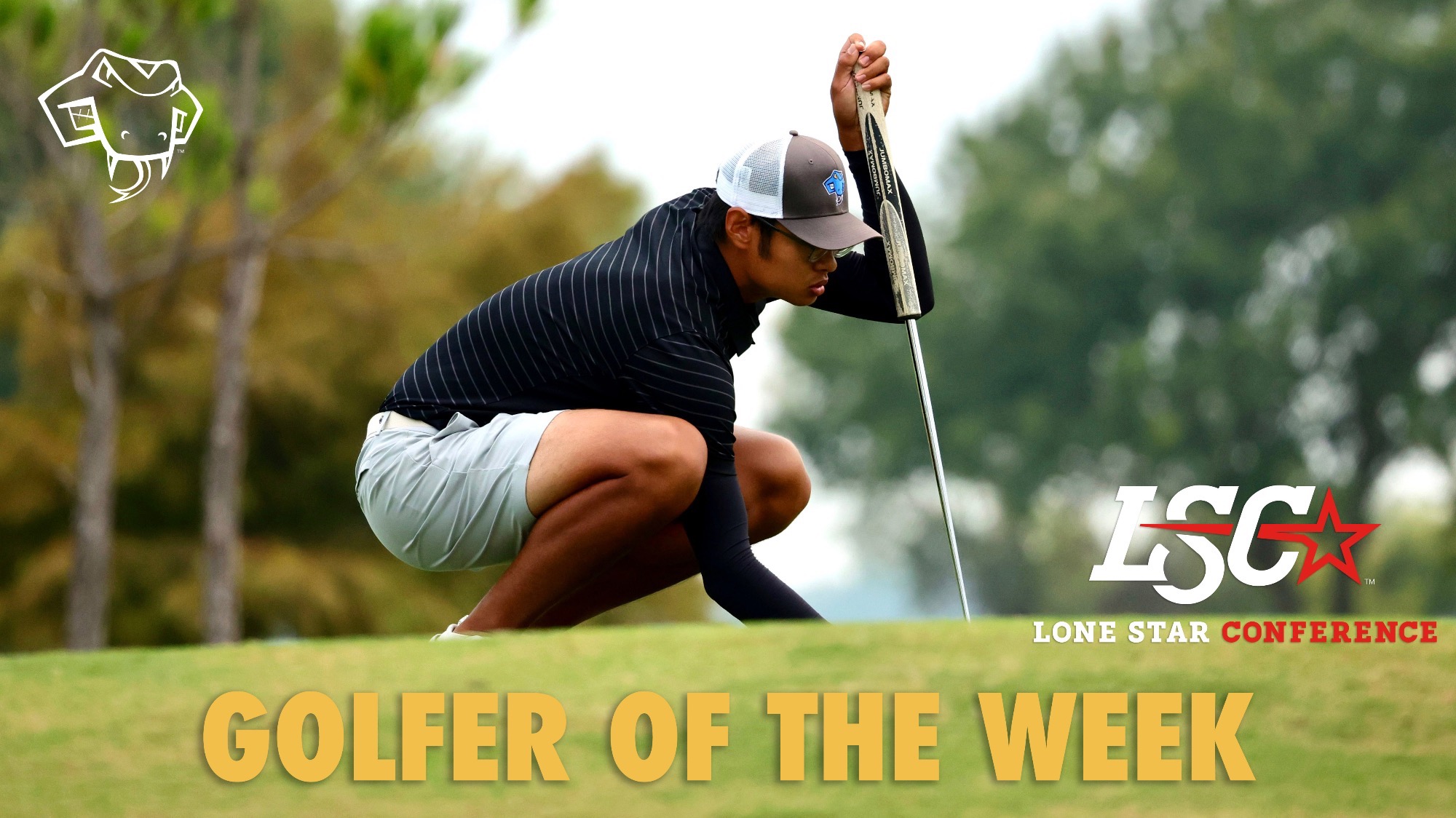 Graphic with Kongpop Kaikaew squatting down with ball in right hand and putter in left. The white Rattler head is in upper left and the LSC logo in lower right. Across the bottom are the words Golfer of the Week in Gold.