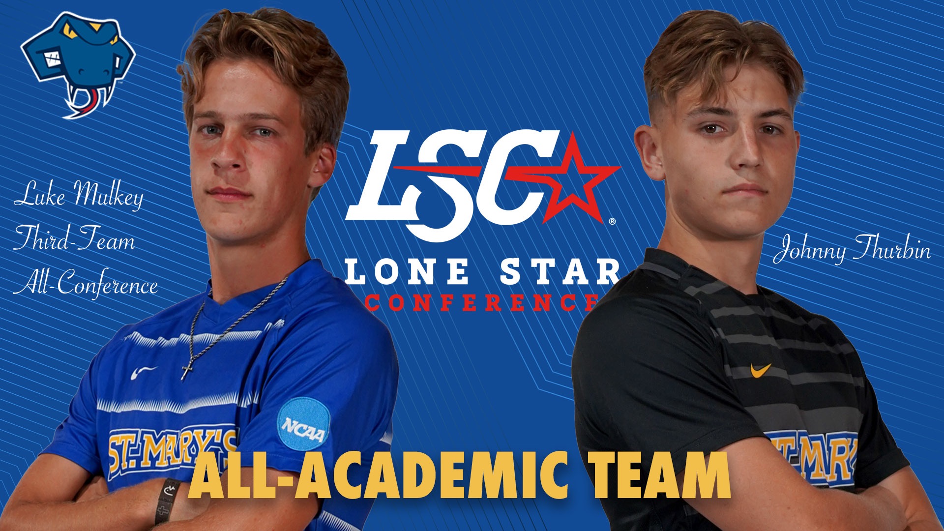Graphic with Luke Mulkey and Johnny Thurbin facing out and the LSC logo in between them. Academic All-Conference