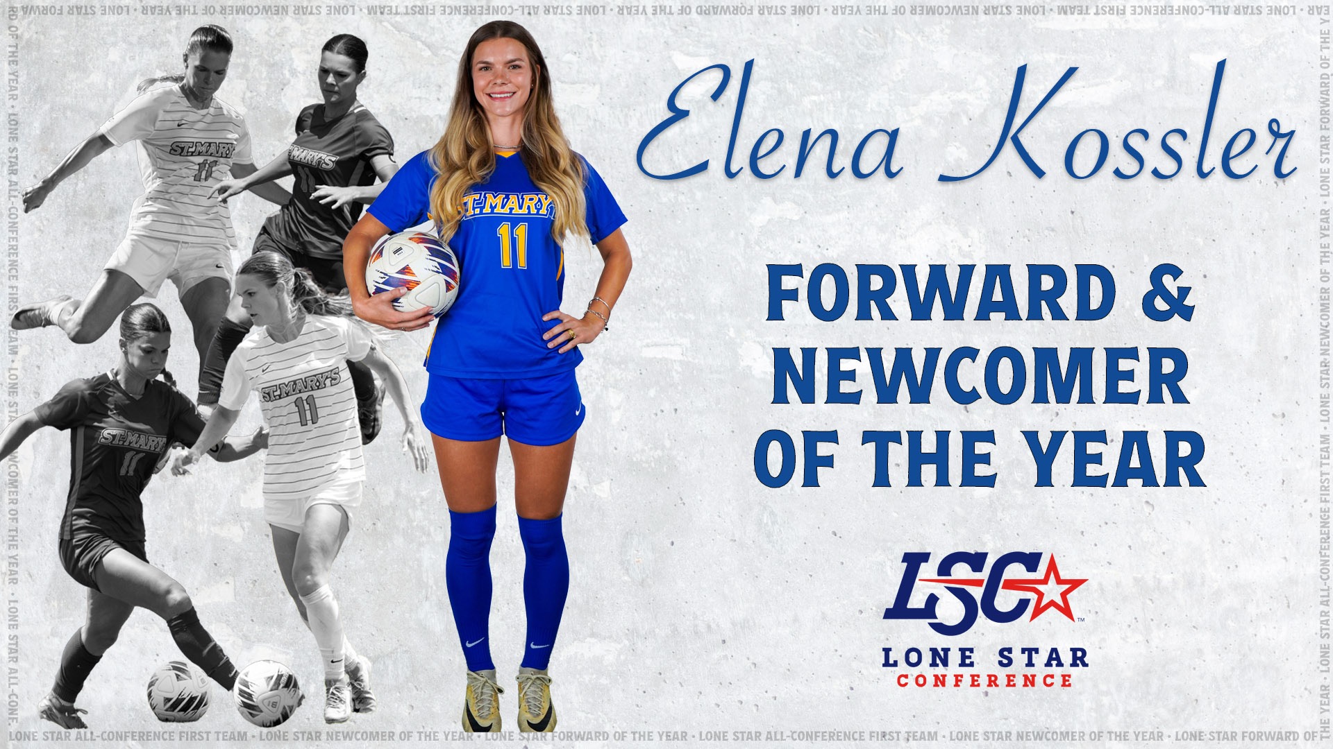 Graphic with five pictures on the left of Elena Kossler, four black and white action in a diamond, and one color posed action to the right of them. On the right are the words Elena Kossler Forward & Newcomer of the Year above the LSC logo.