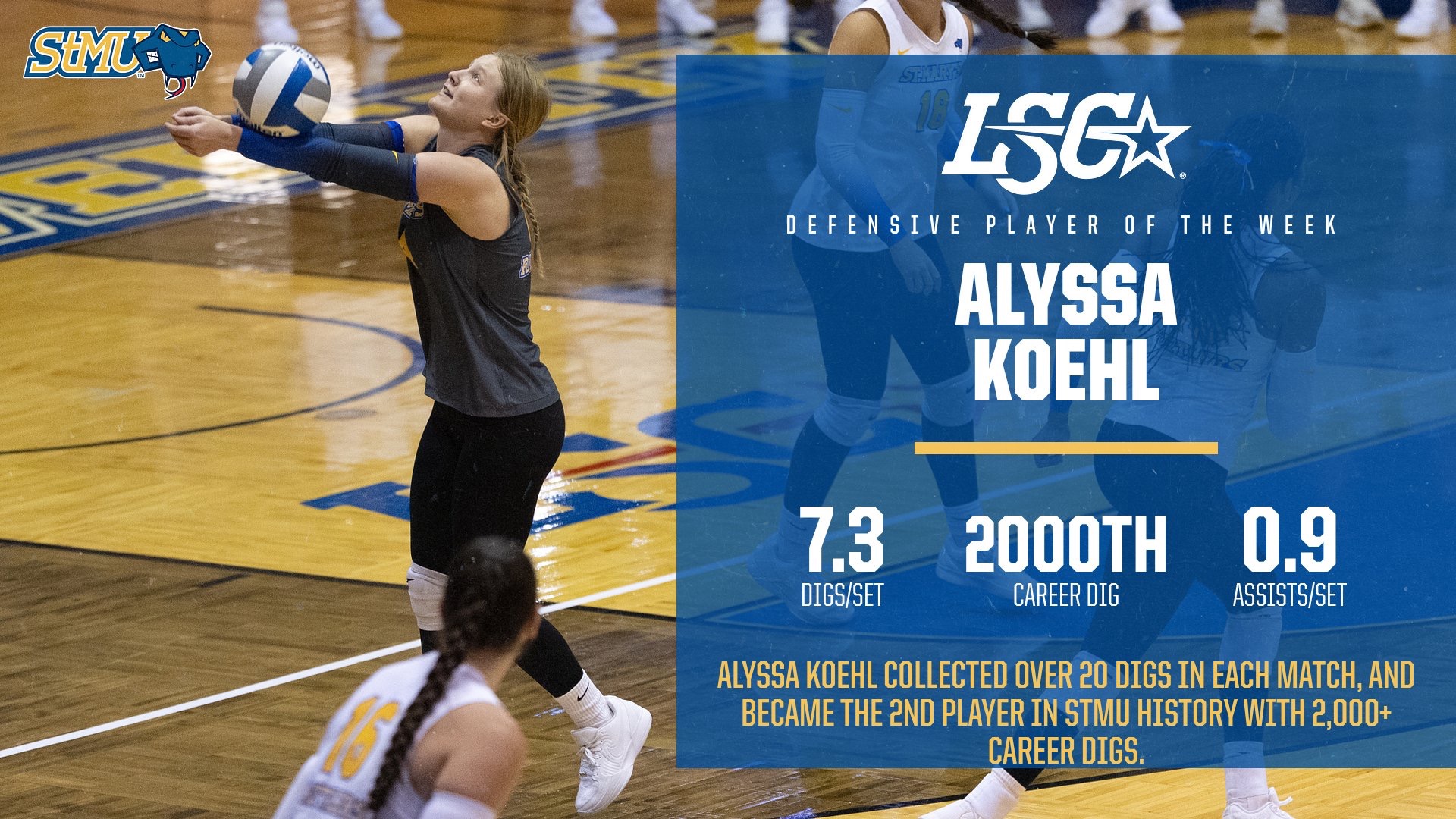 Graphic with Koehl digging a ball on the left. On the right are statistical highlights of her week.