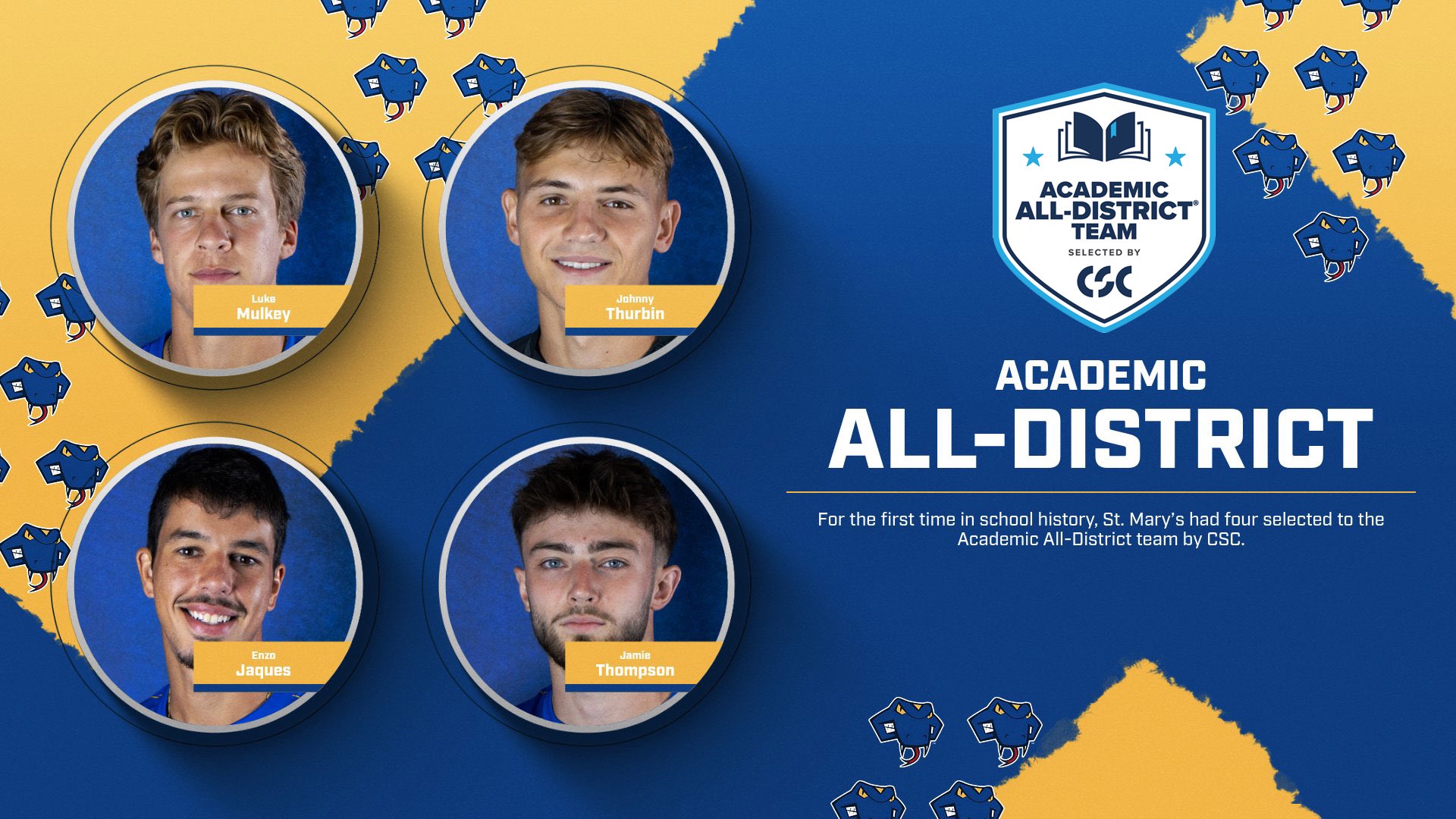 Graphic with circle headshots of Luke Mulkey, Johnny Thurbin, Enzo Jaques and Jamie Thompson on the left. On the right are the CSC Academic All-District logo and the words Academic All-District.