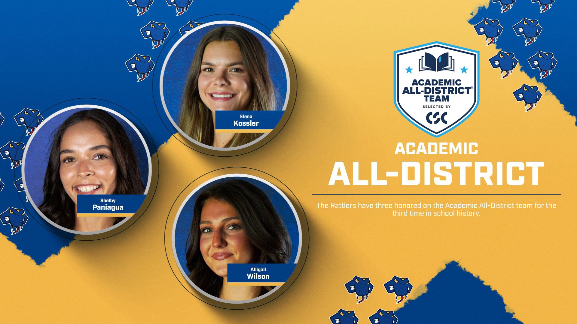 Graphic with circular headshots of Elena Kossler, Shelby Paniagua and Abigail Wilson on the left. On the right is the CSC Academic All-District logo with those words below it.