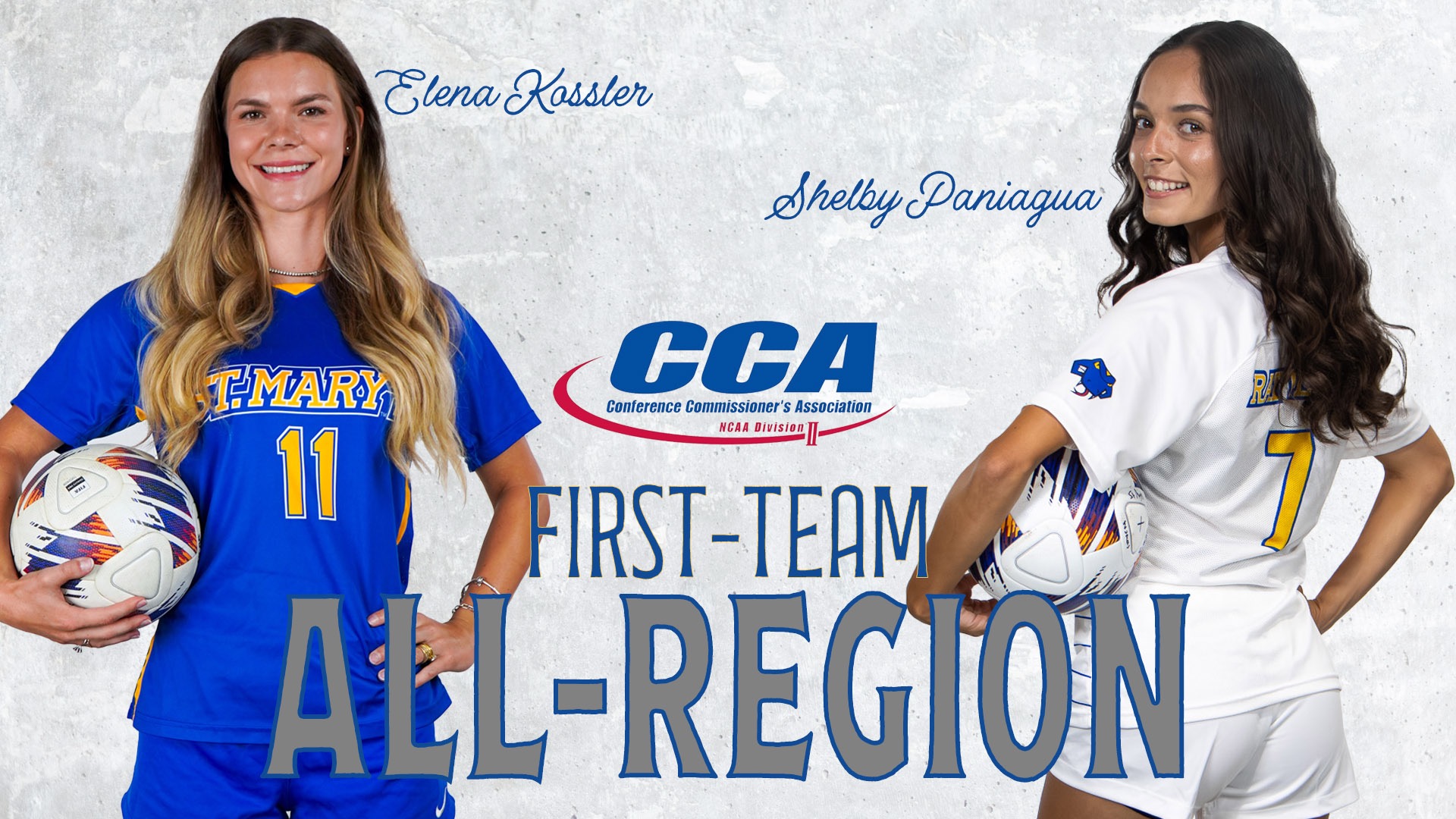 Graphic with Elena Kossler on the left and Shelby Paniagua on the right. Between them is the D2CCA logo with the words First-Team All-Region