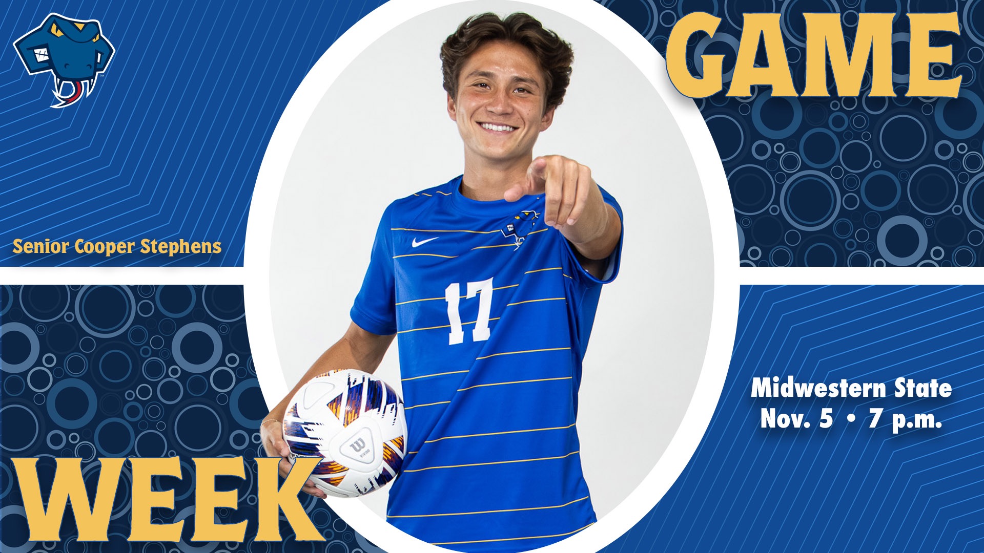 Graphic divided into quarters. In top right is the word Game, while the word Week is on the bottom left. In the center is senior Cooper Stephens with his name to the left. In the bottom right are the words 