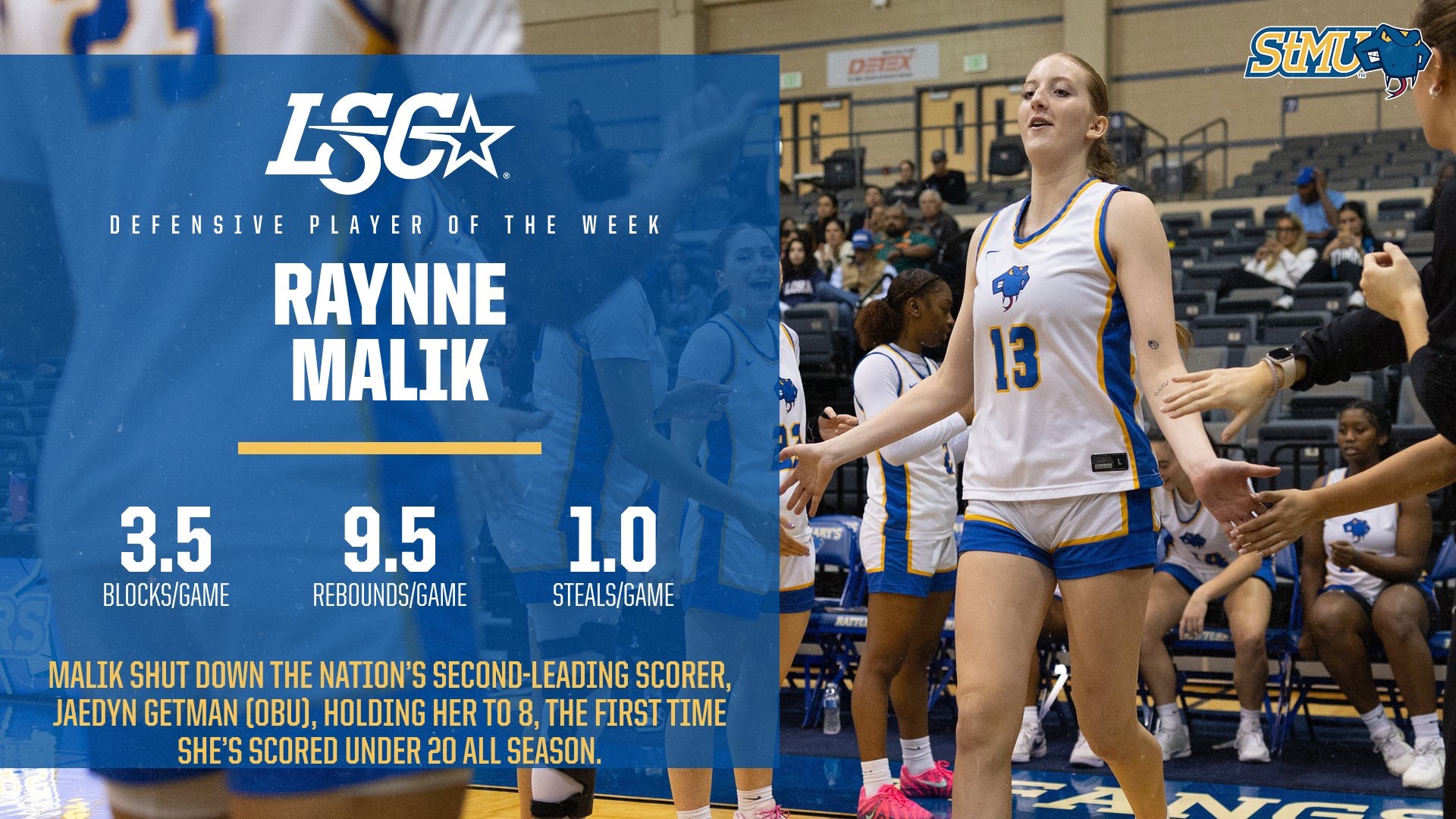 Graphic with Raynne Malik giving high fives to teammates during intros on the right. On the left is her name and the LSC and StMU logos with highlights from her week.