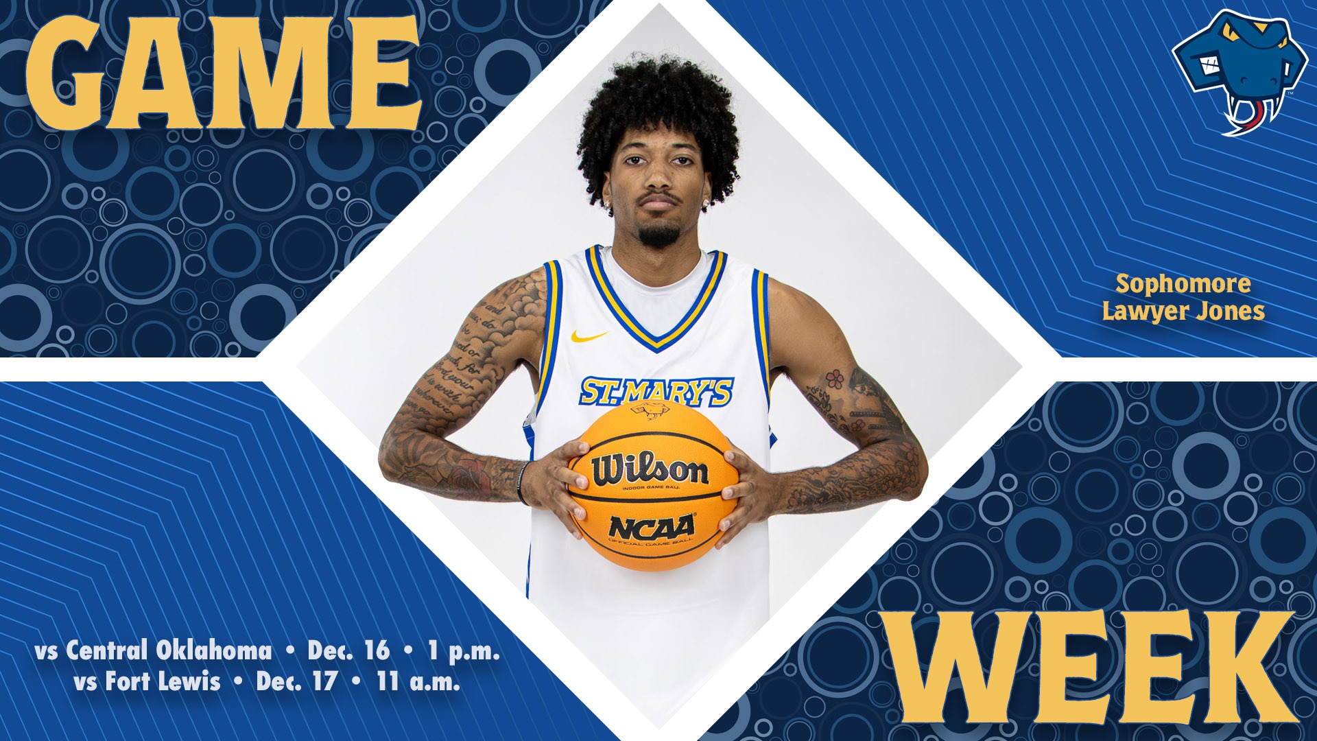 Graphic divided into quarters. In top left is the word Game, while the word Week is on the bottom right. In the center is Lawyer Jones with his name to the right. In the bottom left are the words 