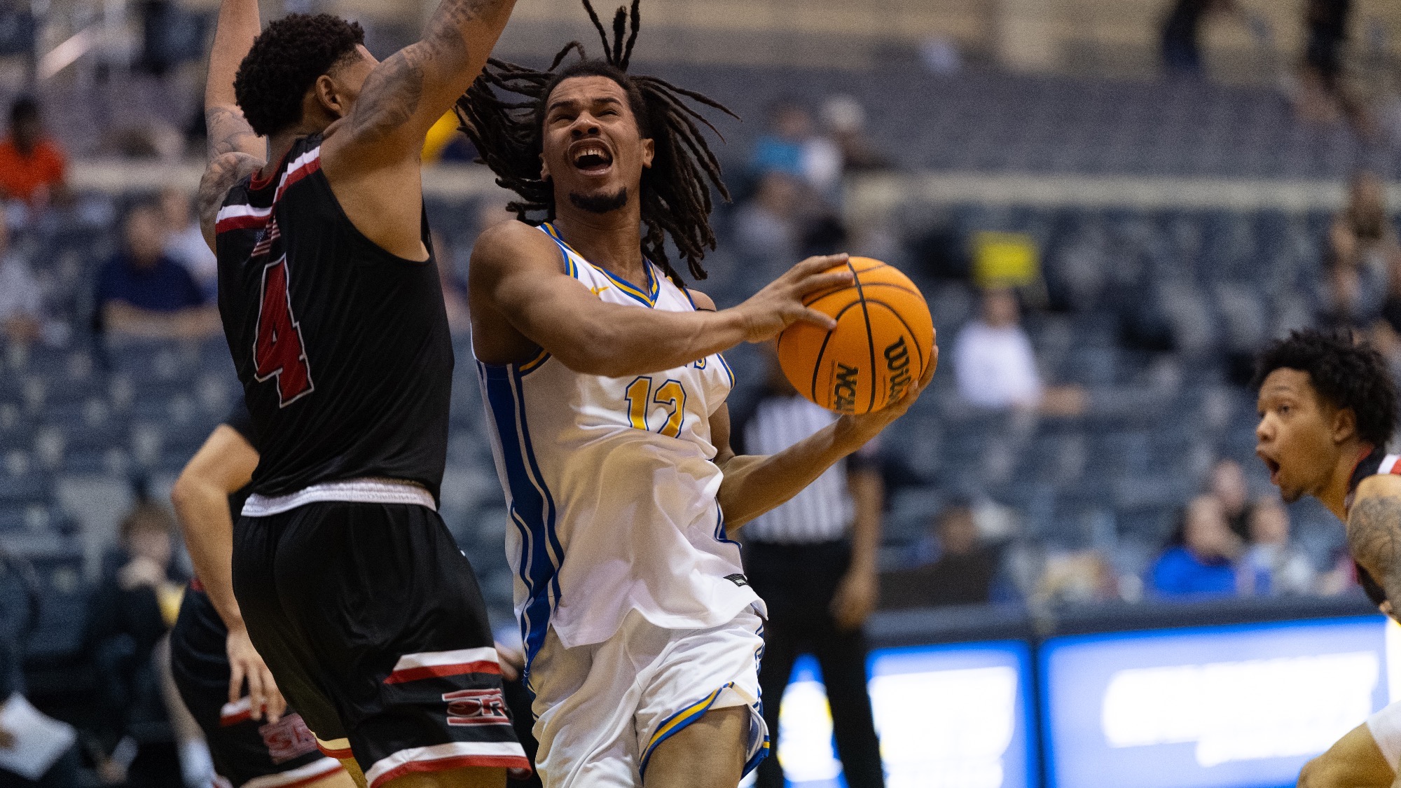 Justin Britt goes up  for a shot against Sul Ross State.
