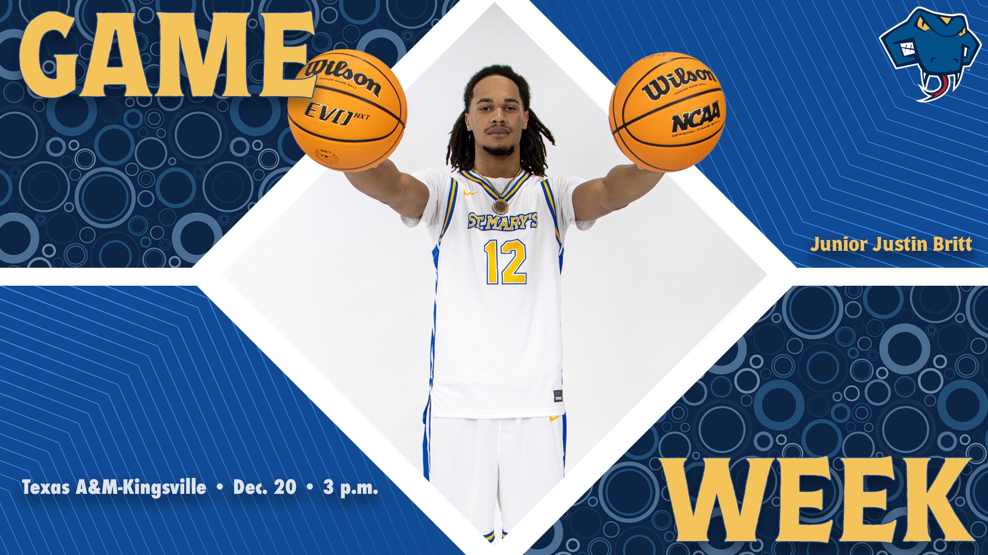 Graphic divided into quarters. In top left is the word Game, while the word Week is on the bottom right. In the center is Justin Britt with his name to the right. In the bottom left are the words 