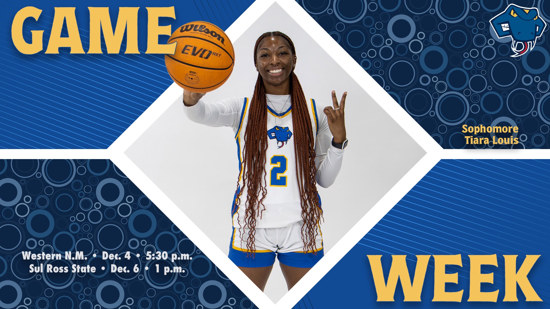 Graphic divided into quarters. In top left is the word Game, while the word Week is on the bottom right. In the center is Tiara Louis with her name to the right. In the bottom left are the words 