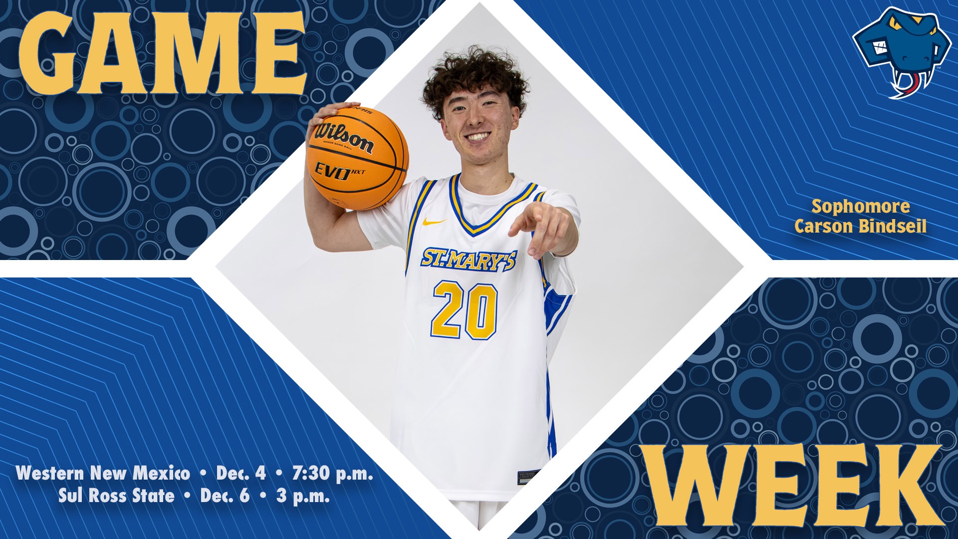 Graphic divided into quarters. In top left is the word Game, while the word Week is on the bottom right. In the center is Carson Bindseil with his name to the right. In the bottom left are the words 