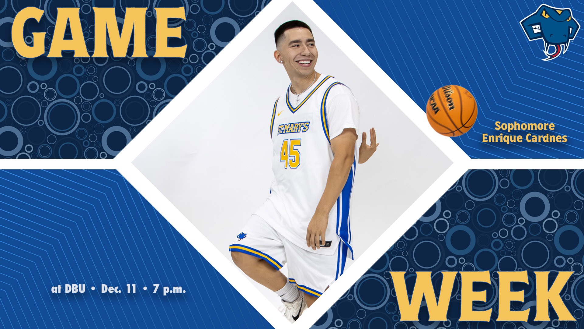 Graphic divided into quarters. In top left is the word Game, while the word Week is on the bottom right. In the center is Enrique Cardnes with his name to the right. In the bottom left are the words 