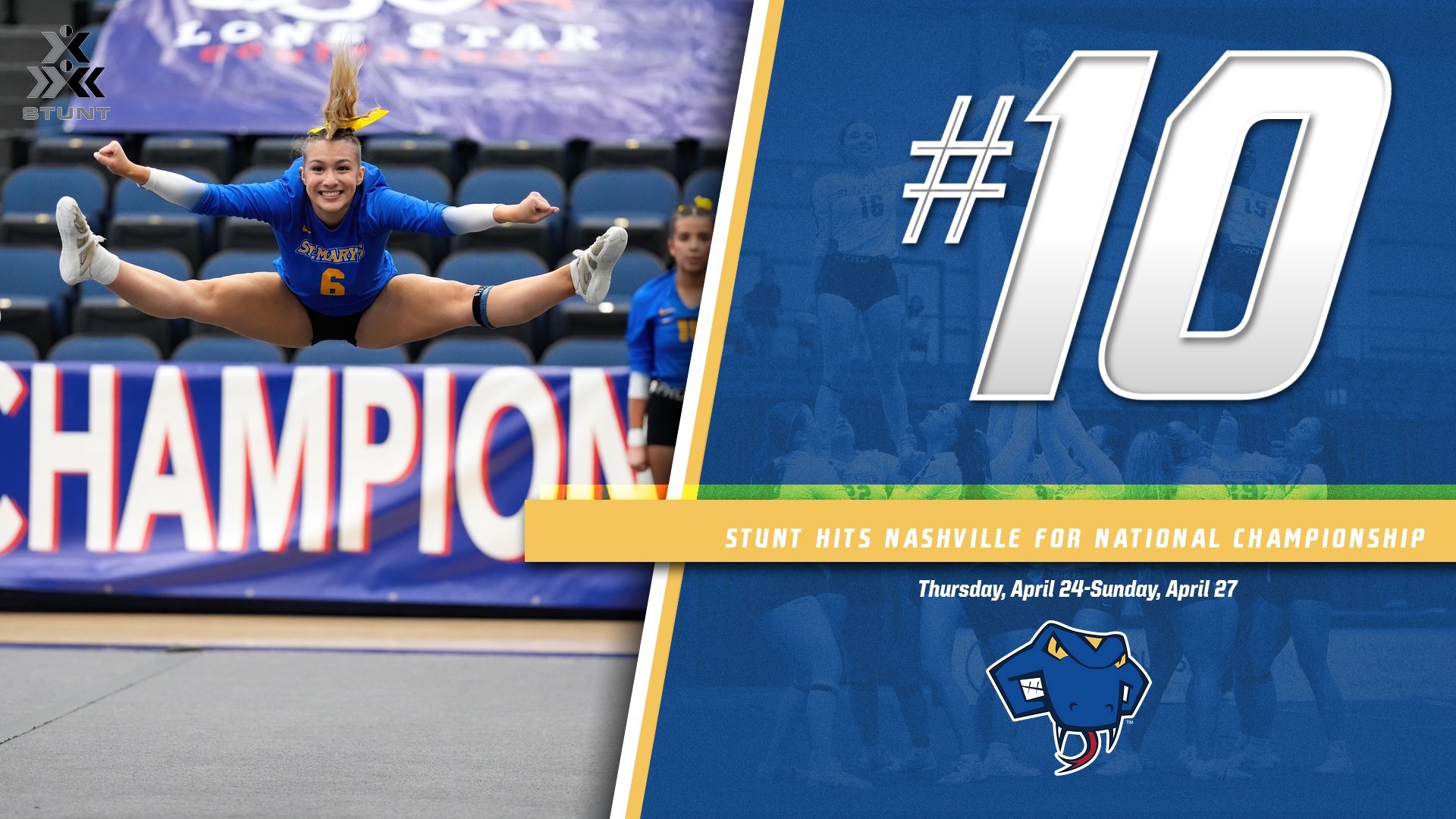 Graphic with Talisa Gomez doing a split jump on the left. On the right below a large, white #10 are the words STUNT Hits Nashville for National Championship
