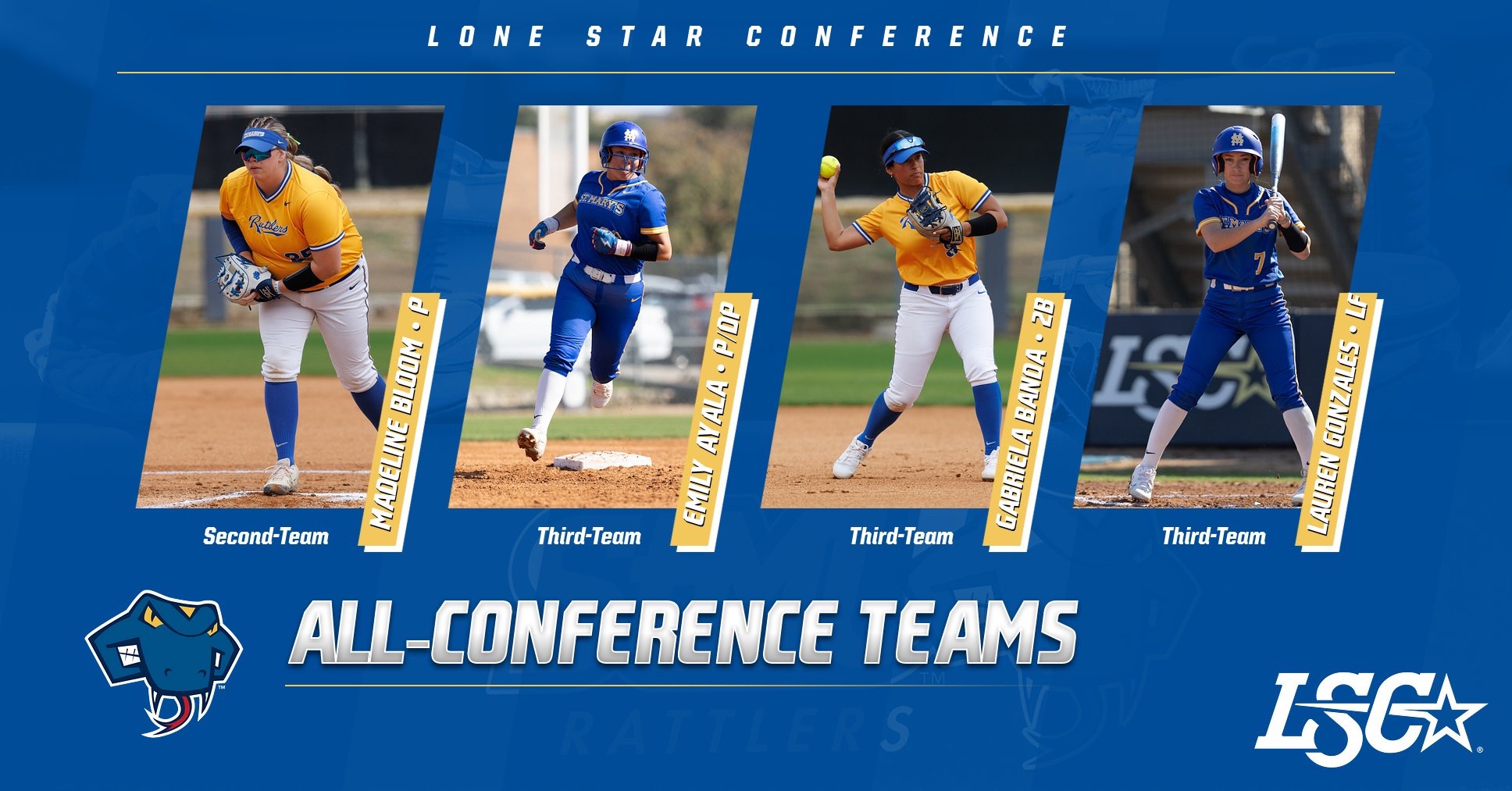 Graphic with Madeline Bloom, Emily Ayala, Gabriela Banda and Lauren Gonzales from left to right with the words All-Conference teams along the bottom with the Rattler head and LSC white star logo in the bottom corners.