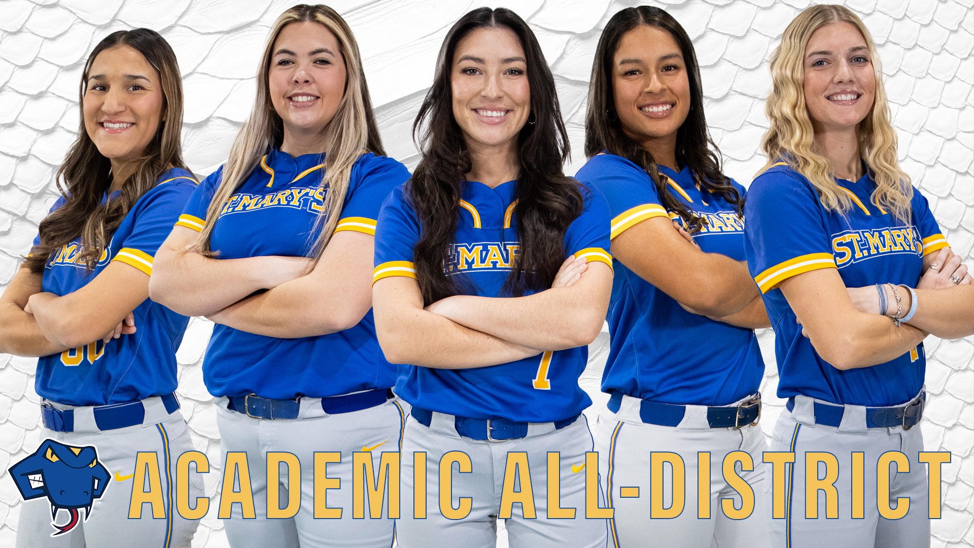 Graphic with white rattlesnake scales in the background. From left to right, Abigail Dela Rosa, Madeline Bloom, Lauren Gonzales, Gabriela Banda and Raegan Tennill stand smiliing with arms crossed.