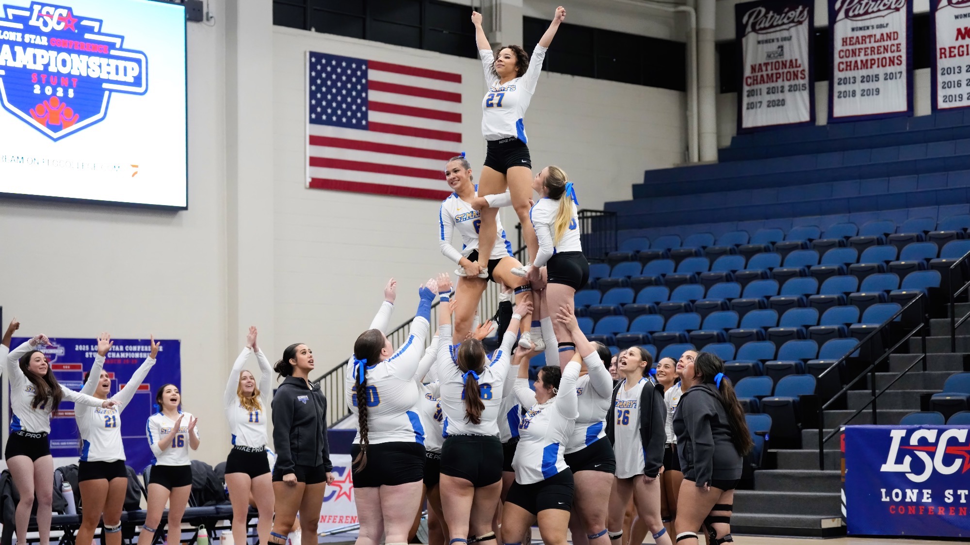 The Rattlers complete a pyramid at the Lone Star Conference Championship.