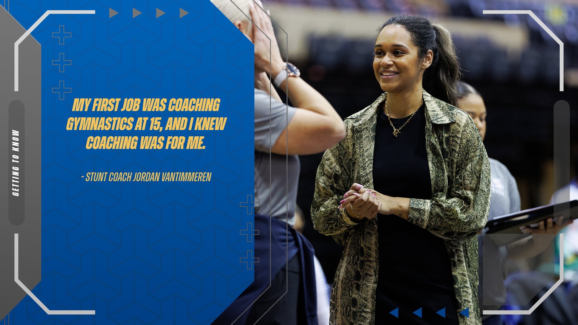 Graphic with Jordan VanTimmeren on the right, smiling with hands clasped in front of her. On the left is the quote 