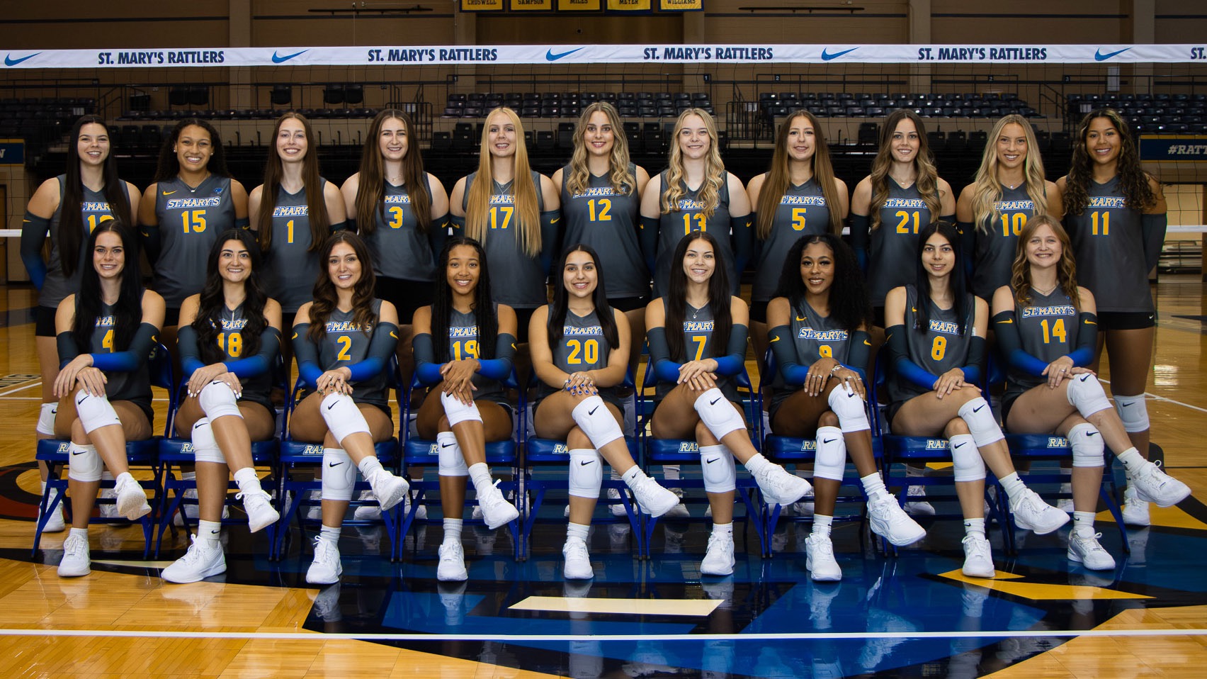 The 2025 VB team in two rows. Back Row (l-r): McKenna Ferris, Taylor Alston, Haleigh Wilk, Kaitlyn Kirschner, Tara Creekmore, Madi Milligan, Kelly Swyers, Liz Salinas, Landry Cate, Landri Withers, Laurene Robinson. Front row sitting with legs crossed (L-R): Chandley Tolbert, Isabella Waggoner, Abbey Stiffler, Dallasstar Johnson, Addison Carrillo, Kaylee Cavazos, Olivia Rubio, Natalia Rodriguez, Alyssa Koehl.