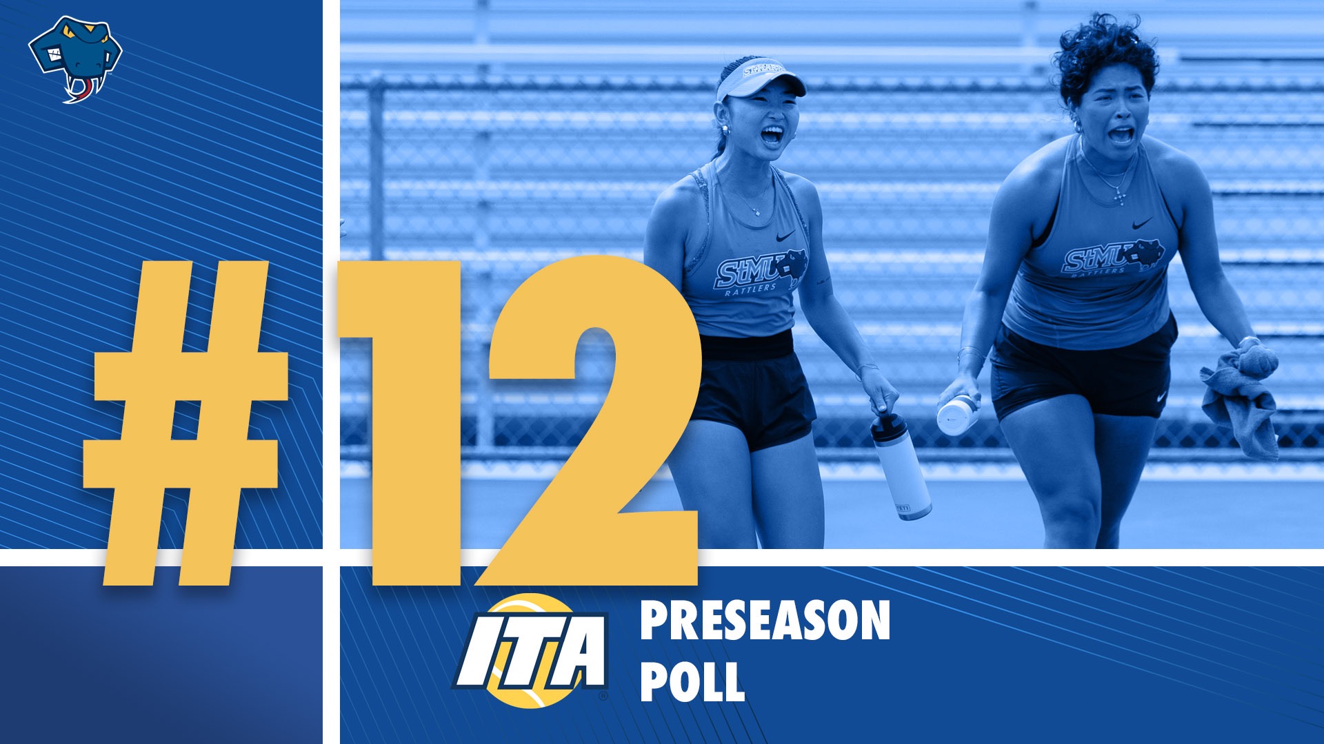 Graphic with blue background. A large #12 is in lower left, with a blue tone picture of Selina Wu and Gia Posito celebrating on the right.