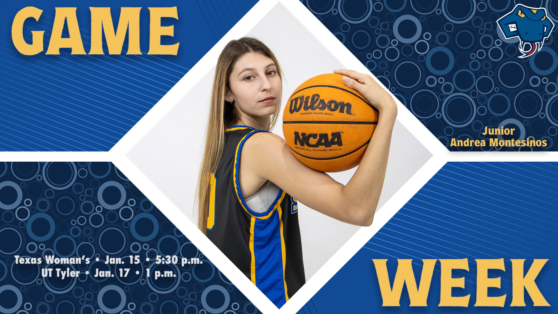 Graphic divided into quarters. In top left is the word Game, while the word Week is on the bottom right. In the center is Dre Montesinos with her name to the right. In the bottom left are the words 