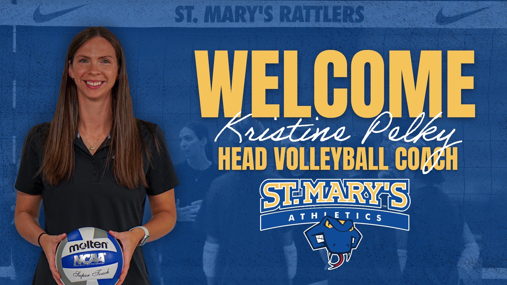 Graphic with Kristine Pelky holding a volleyball at her waist on the left. On the right are the words 