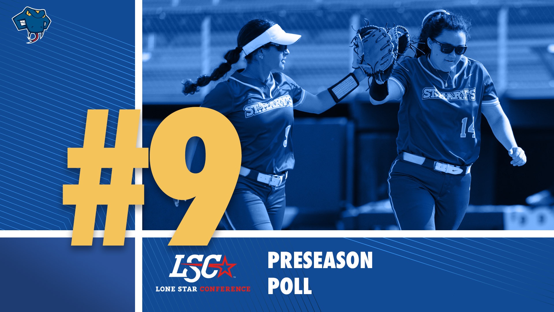 Graphic with a large gold #9 on the left. On the right is an action of Bella Banda and Miah Corona slapping gloves in a high-five position.