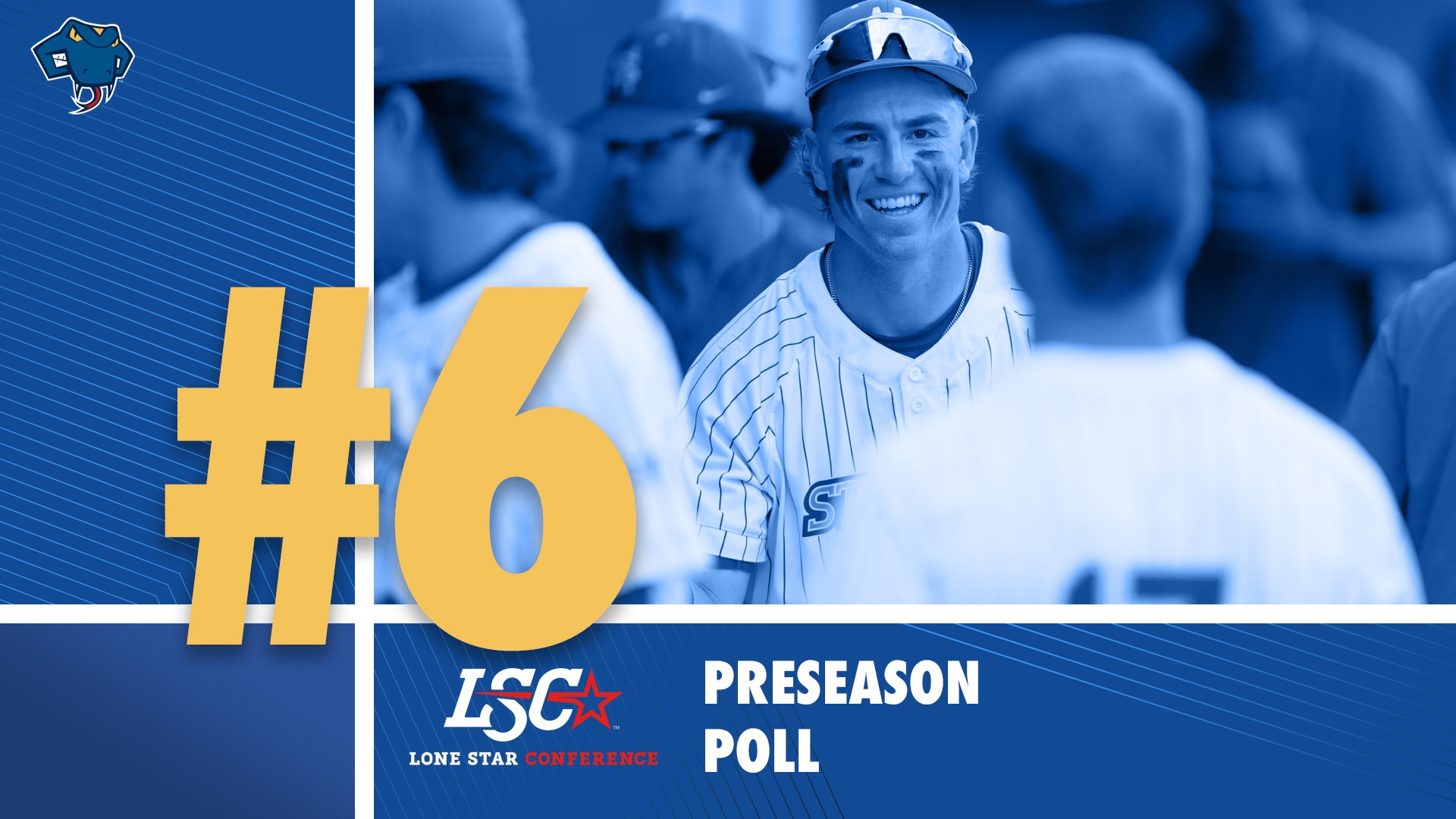 Graphic with a large gold #6 in the lower left. On the right, smiling with his glasses on his cap, is Preseason Player to Watch Garrett Brooks with the LSC logo and 