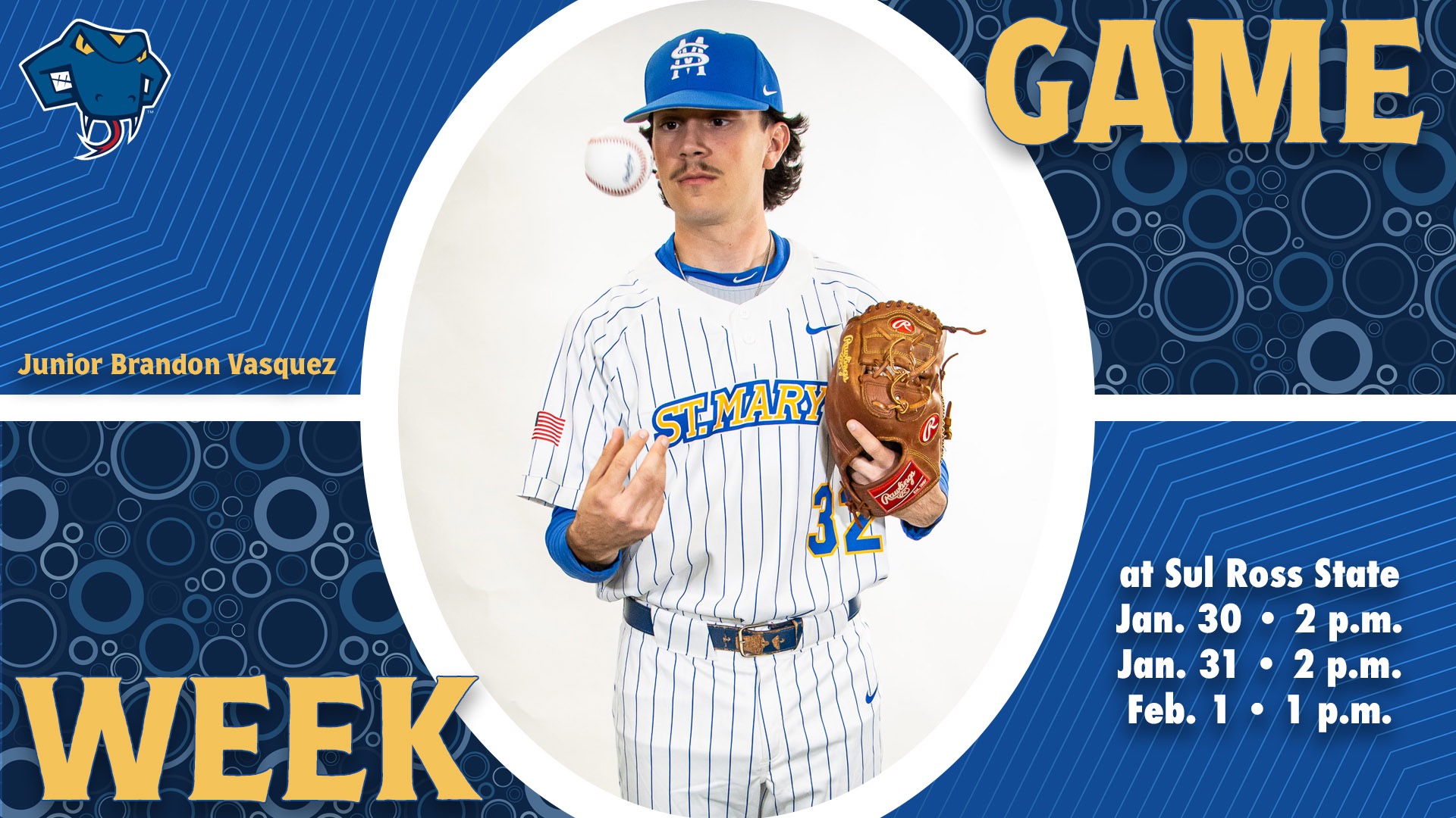 Graphic divided into quarters. In top right is the word Game, while the word Week is on the bottom left. In the center is Brandon Vasquez with his name to the left. In the bottom right are the words 