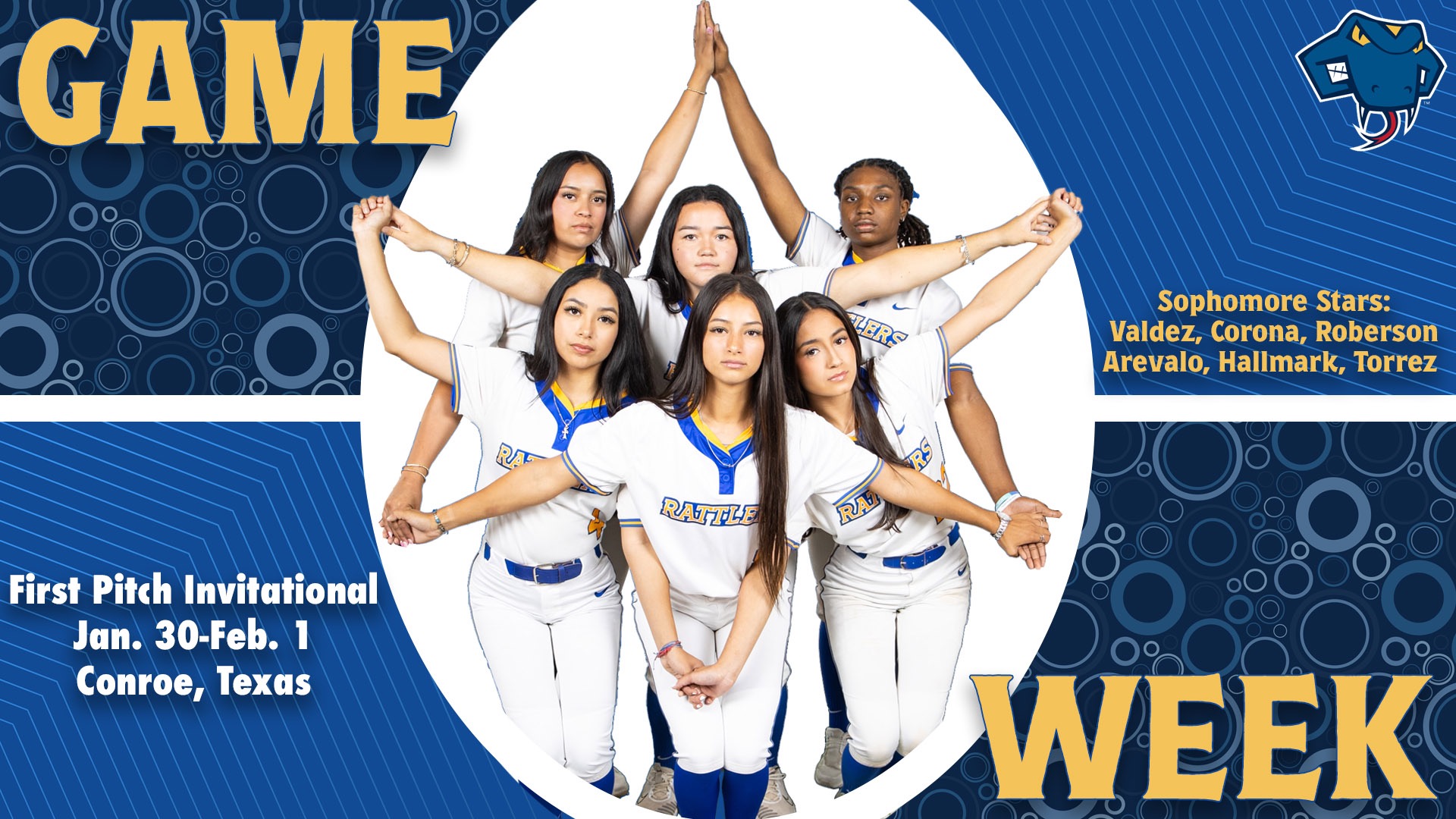 Graphic divided into quarters. In top left is the word Game, while the word Week is on the bottom right. In the center are the six sophomores making a star with their hands and their names to the right. In the bottom left are the words 