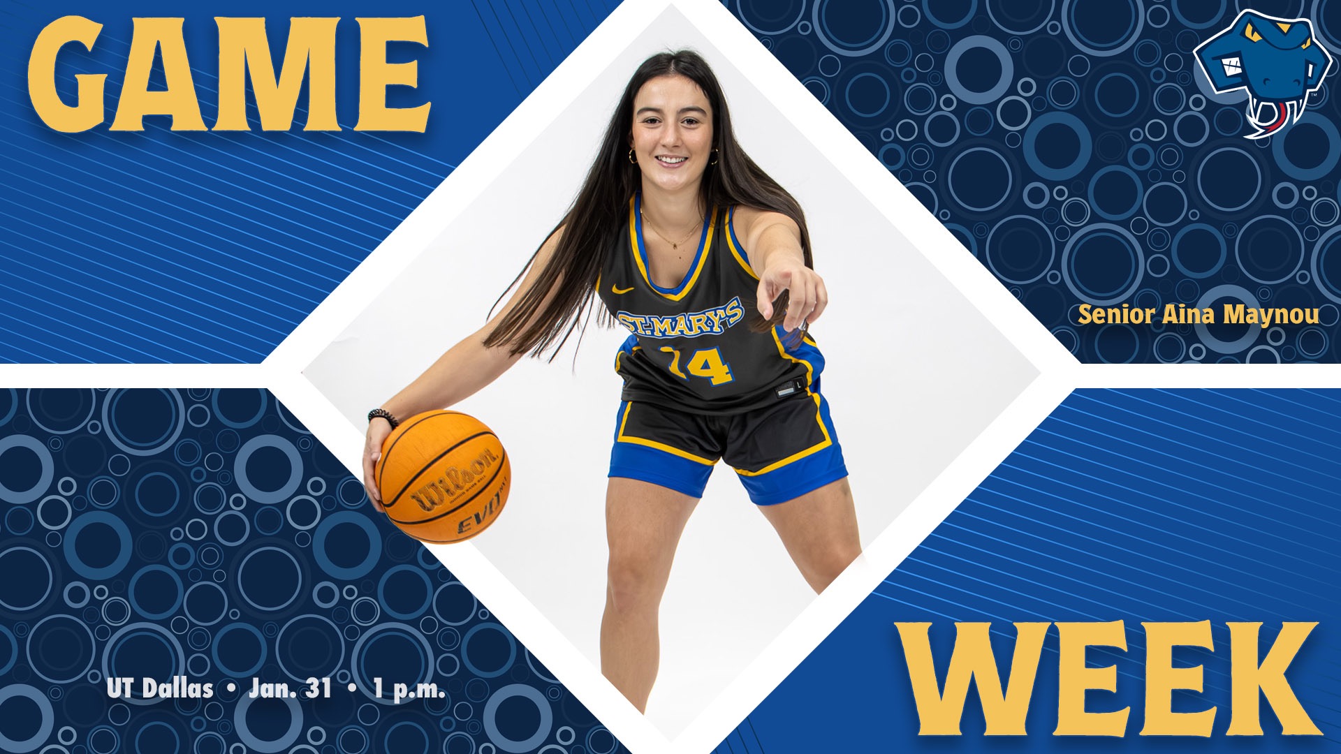 Graphic divided into quarters. In top left is the word Game, while the word Week is on the bottom right. In the center is Aina Maynou with her name to the right. In the bottom left are the words 